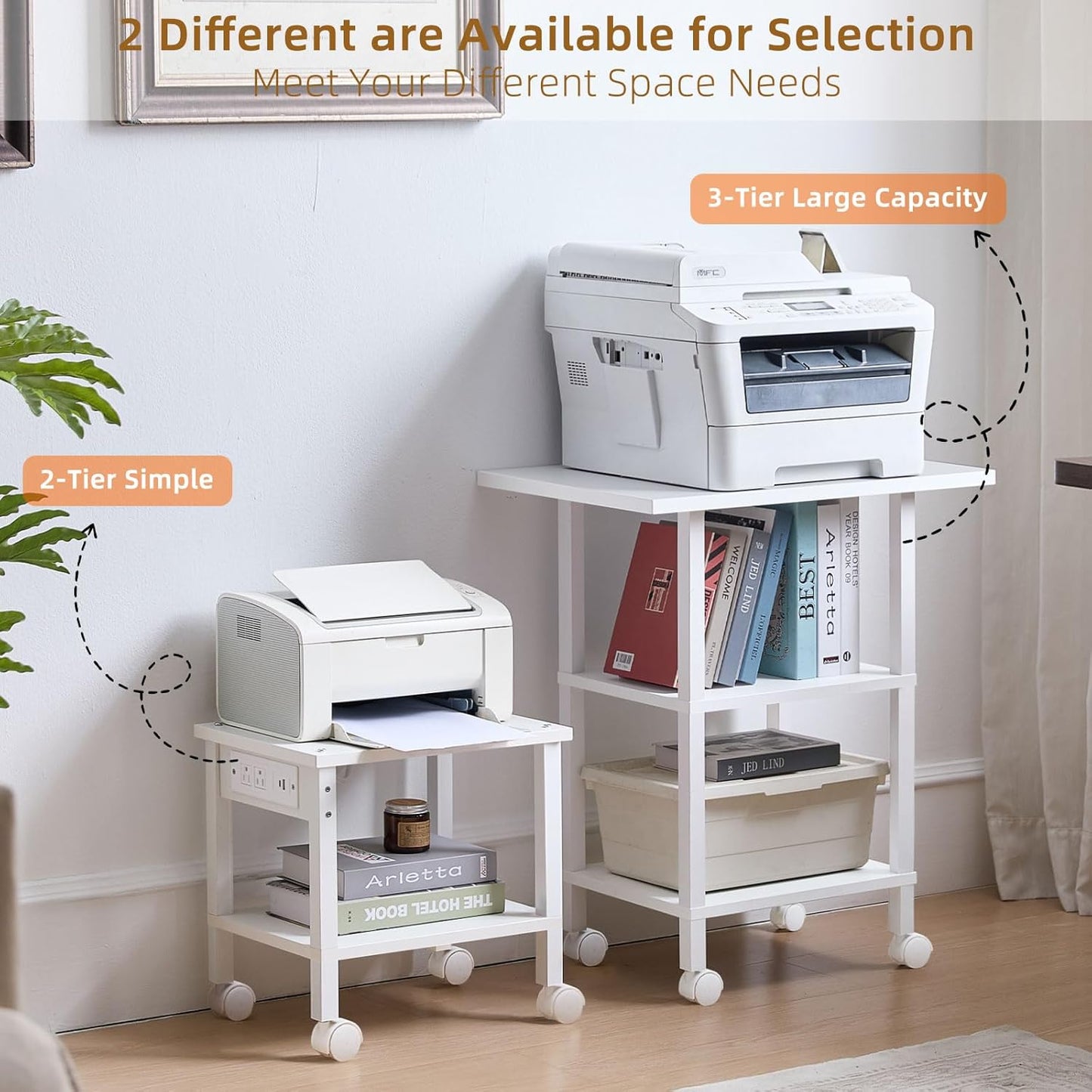 Lerliuo White 3 Tier Printer Stand with Storage, Printer Table for Home Office, Wooden Rolling Printer Cart Shelf with Lockable Wheels fit Fax Machine, Scanner