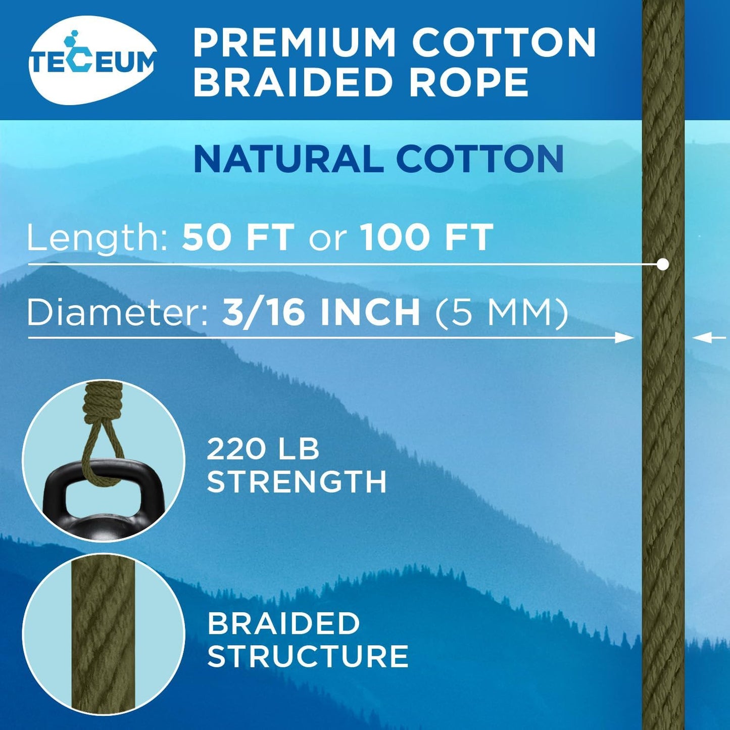 TECEUM Cotton Rope 3/16” (5 mm) – 50 FT – Strong All-Purpose Braided Rope – Natural Cotton – for Crafting, Сamping, Clothes Line, DIY, Indoor & Outdoor Use – Army Green