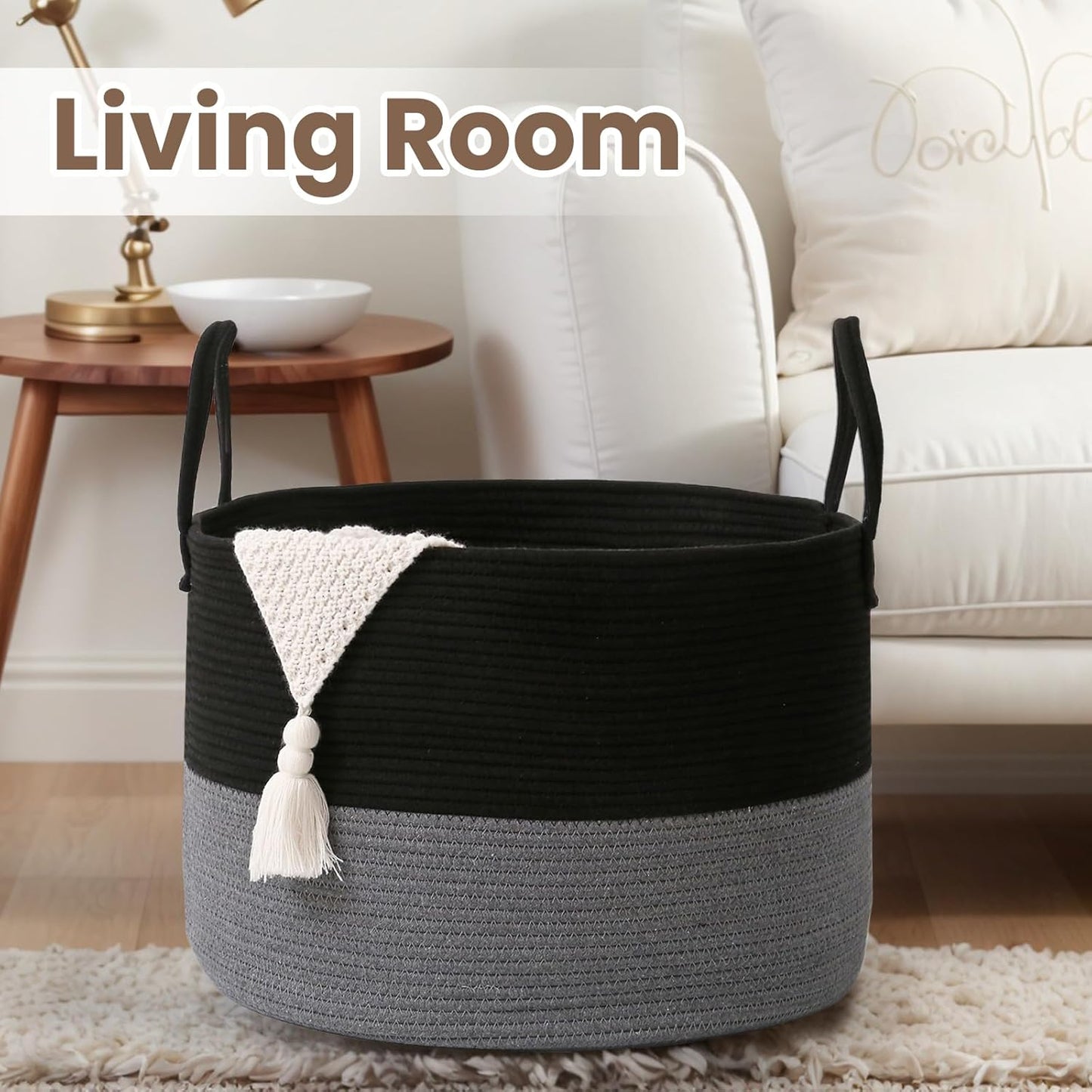 Woven Blanket Basket,115L Large Rope Storage Bin with Handles, Organizer for Blankets Toys Book and Clothes, Laundry Basket for Living Room Bedroom Nursery,Black&Grey