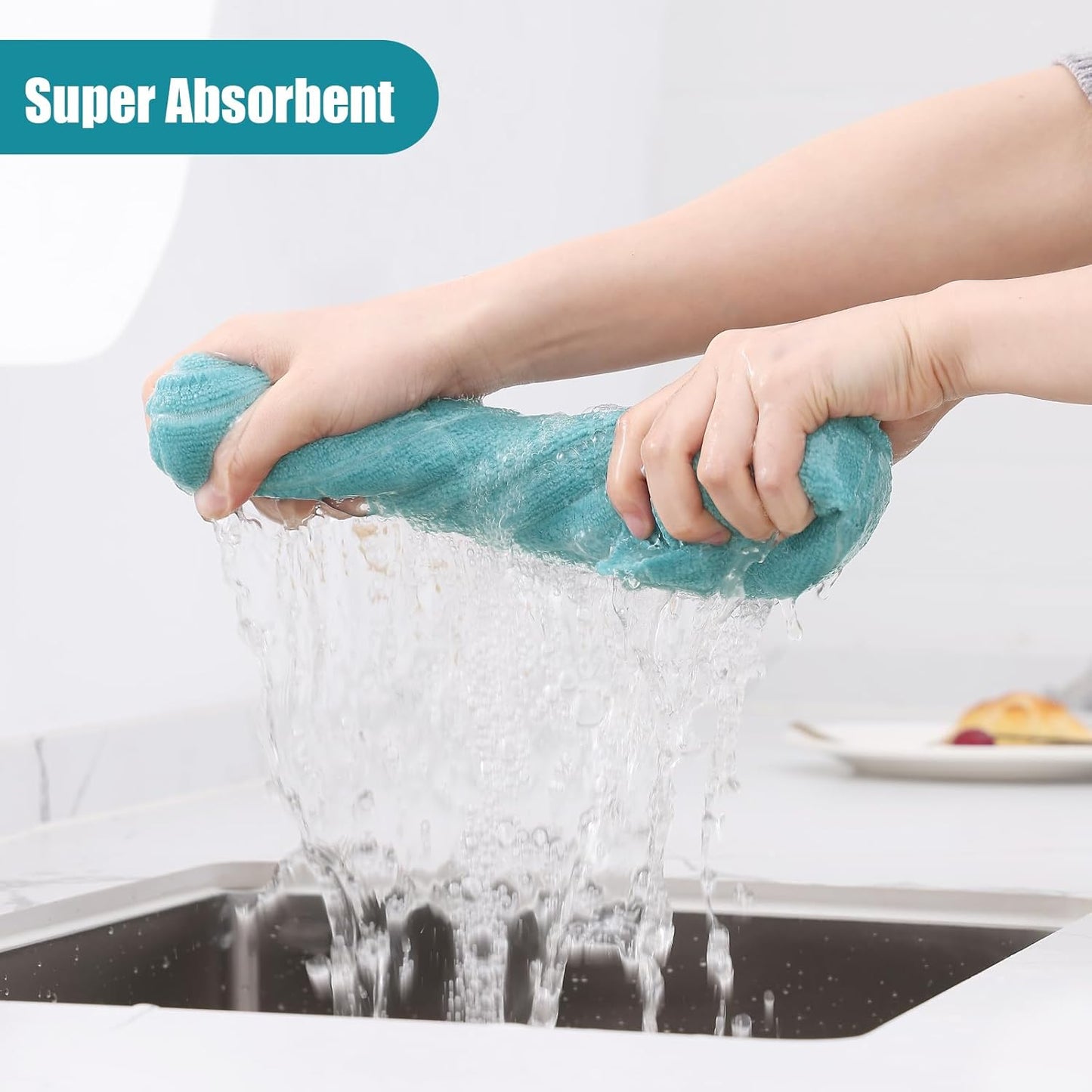 Homaxy Microfiber Kitchen Towels and Dishcloths Set, 12 Pack Soft and Absorbent Dish Hand Towels Bulk, 28 x 16 Inch & 12 x 12 Inch Quick Drying Rags for Washing Dishes, Lake Blue