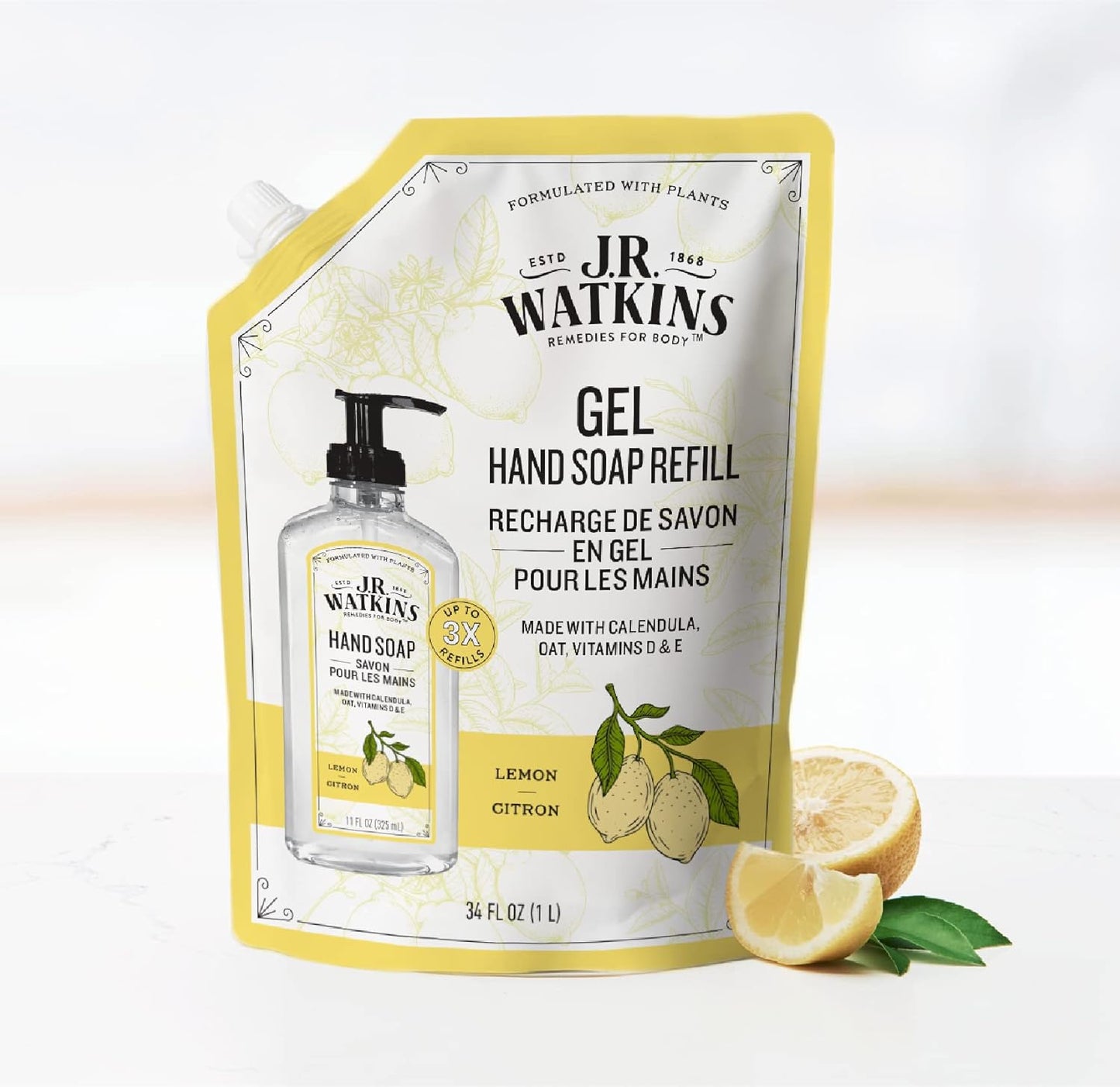 J.R. Watkins Gel Hand Soap Refill Pouch, Scented Liquid Hand Wash for Bathroom or Kitchen, USA Made and Cruelty Free, 34 fl oz, Lemon, 6 Pack