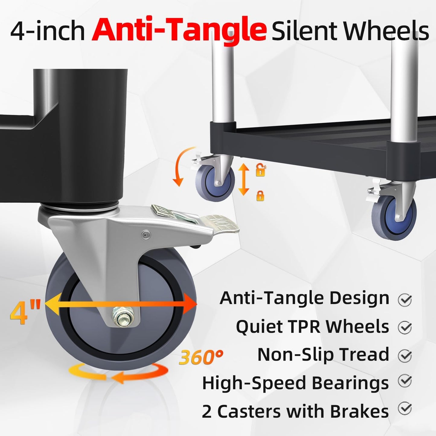 Plastic Utility Cart with Anti-Tangle Wheels, Solid Armrests, 450 Lbs Heavy Duty Capacity, 3-Tier Rolling Serving Cart for Home, Office, Restaurant, Warehouse.40 × 19.7" × 38"