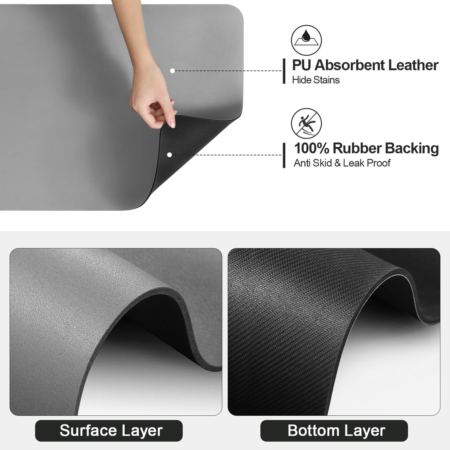 Dish Drying Mat for Kitchen Counter | Coffee Bar Mat for Countertops | Heat Resistant Drainer Mat with Non-slip Rubber Backed | Hide Stain Kitchen Absorbent Draining Mat | Grey 16"x24"