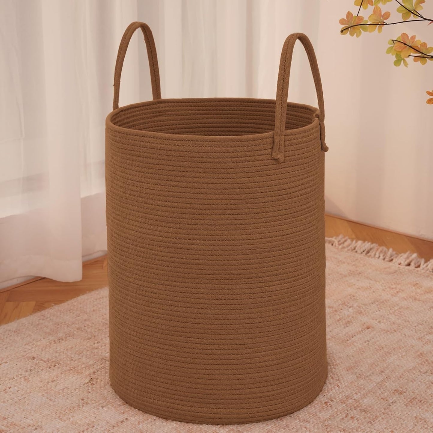 Large Woven Laundry Basket Hamper,100L Cotton Rope Storage Bin for Blankets,Toys and Clothes,Decorative Tall Nursery Hamper for Living Room,Baby Nursery,Bathroom and Bedroom,Golden Jute