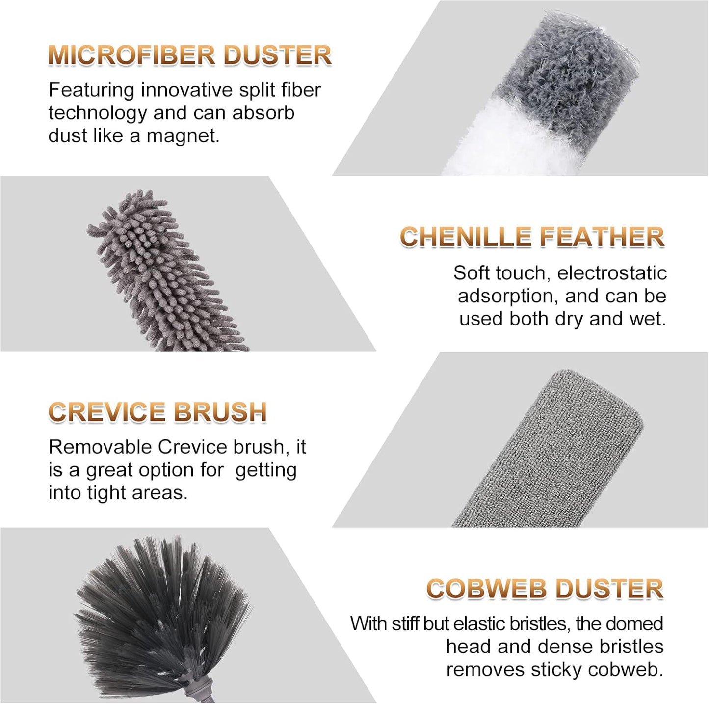 Microfiber Duster for Cleaning Fan, High Ceiling, Blinds, Furniture, Cars , 9PCS Extendable Feather Duster (Stainless Steel) 30 to 100 Inches, Reusable Bendable Washable