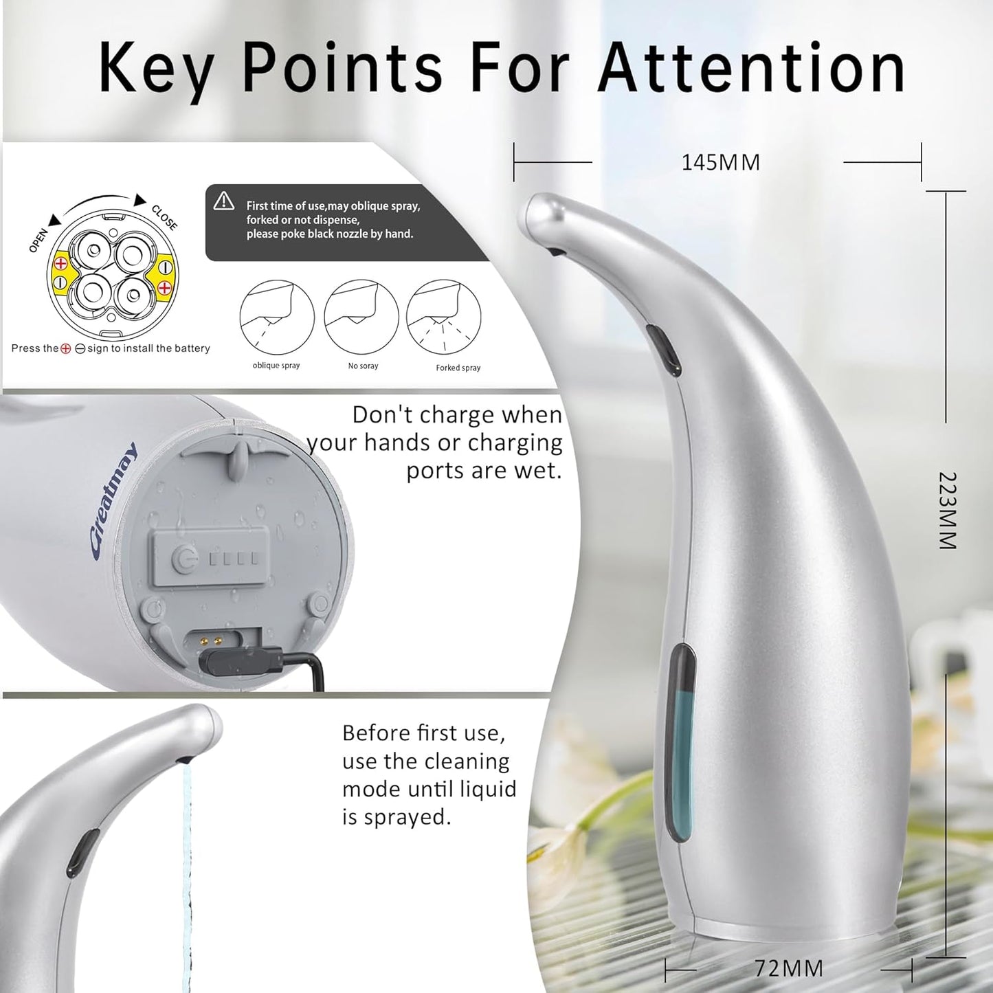 Adjustable Automatic Soap Dispenser Touchless, 4 Adjustable Levels Touchless Sensor Liquid Soap Pump，300ml Rechargeable Magnetic Charging Hand Soap Dispenser for Kitchen，Bathroom