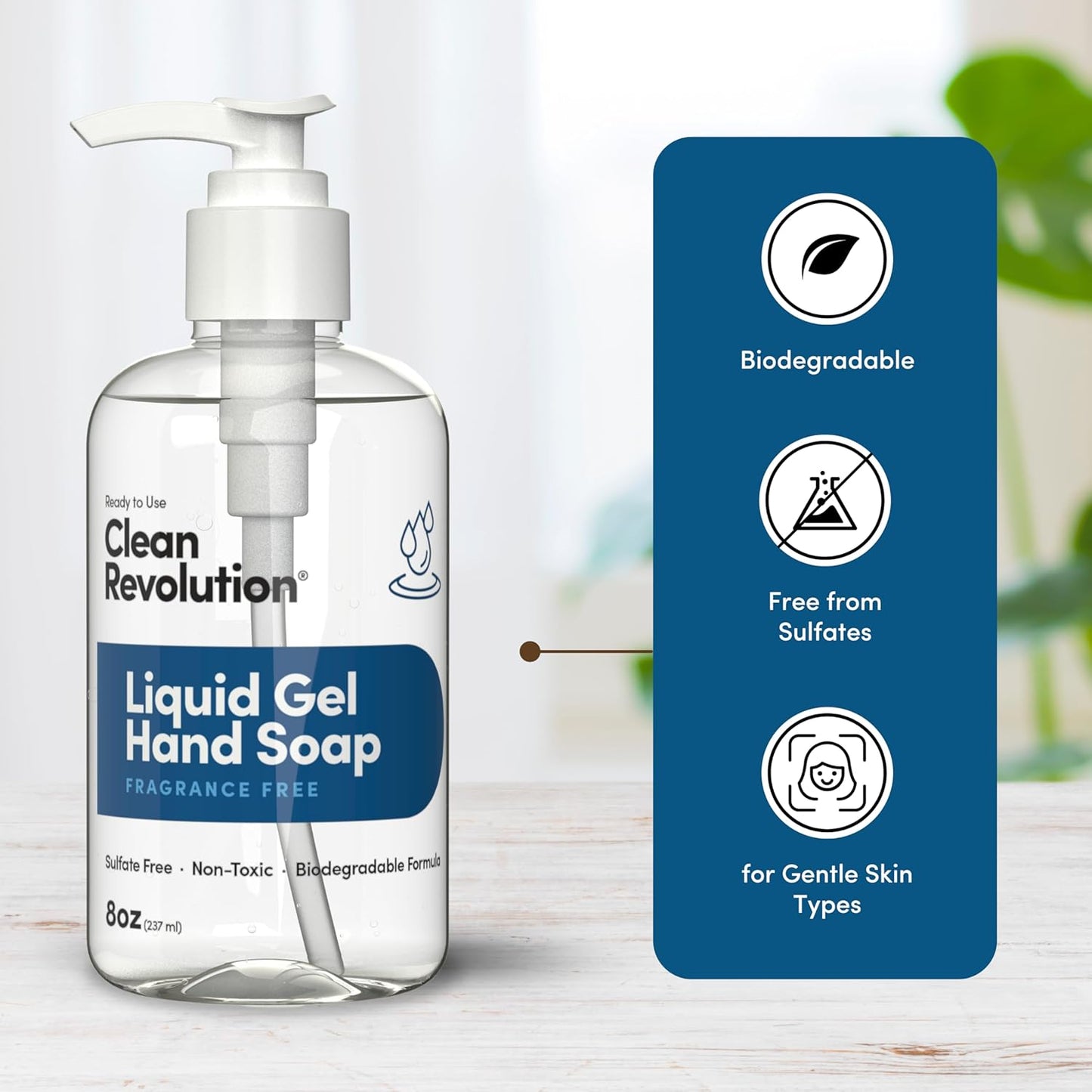 Clean Revolution Liquid Gel Hand Soap, Silky Rich Liquid, Quick Lather, Fast Rinsing (Fragrance Free) 8 Fl Oz