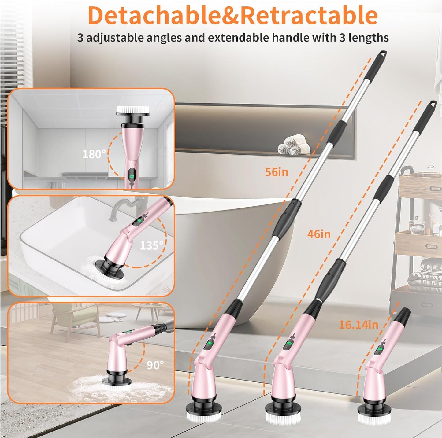 11 in 1 Electric Spin Scrubber Cordless Cleaning Brush 3 Adjustable Angles 2 Adjustable Speeds LED Display Shower Cleaner Brush Supplies Extension Long Handle for Bathroom Floor Tile Toilet Waterproof