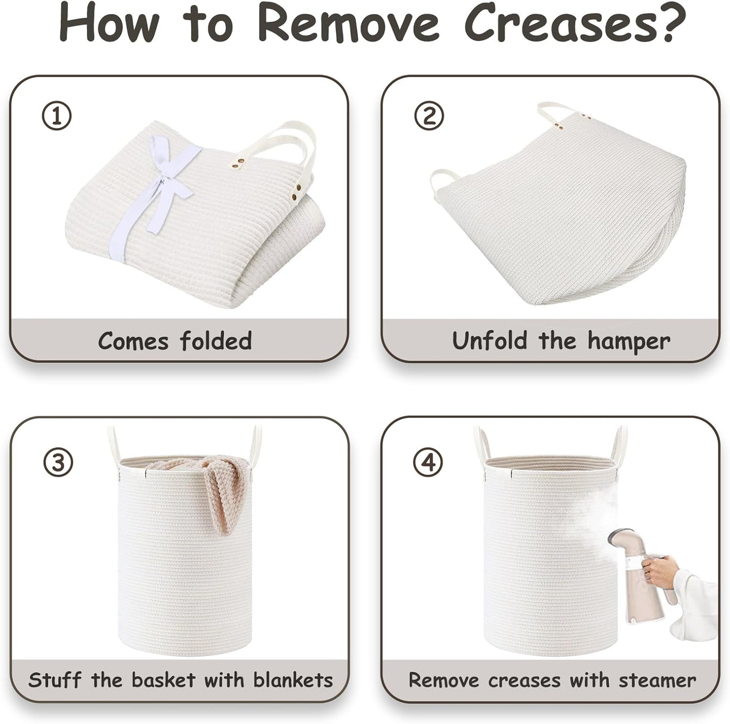 VIPOSCO Tall Laundry Basket, Large Dirty Clothes Hamper with Leather Handle, Woven Rope Storage Basket for Blanket, Toy In Living Room, Bathroom, Bedroom - 58L White