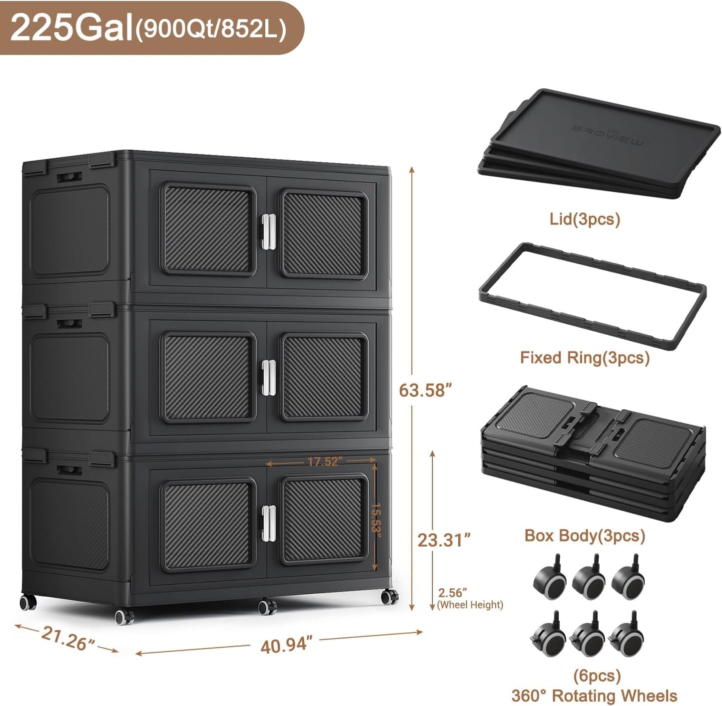 BROVIEW 900 Qt Stackable Storage Bin with Lid, 225Gal Extra Large Collapsible Storage Boxes, Folding Plastic Drawer, Heavy-Duty Store Cabinet, Closet Organizer for Home Kitchen, 3 Pack Black