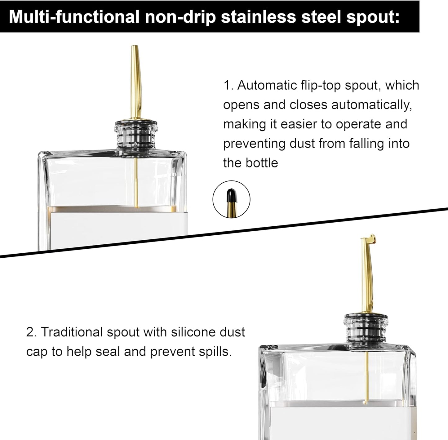 Olive Oil Dispenser for Kitchen, 16.9 oz/ 500 ml Olive Oil Dispenser Bottle, Glass Oil Bottles for Kitchen with 4 Stainless Steel Pourers, 40 Labels, 2 Pcs, Gold