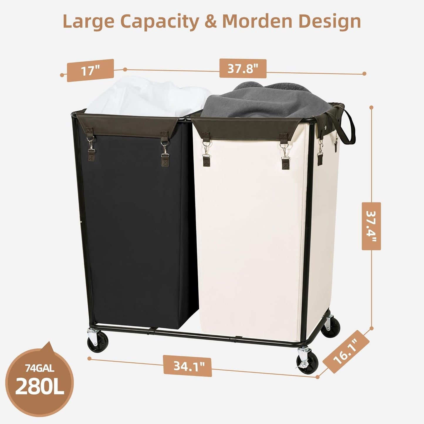 STORAGE MANIAC Commercial Laundry Hamper with Heavy Duty Steel Frame, 74 Gal. Industrial Laundry Basket Cart with Wheels for Hotel, Home, Laundry Room, Big Large Clothes Sorter, 2 Section Beige/Black