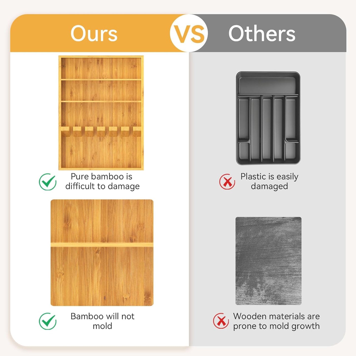 Yofidra Pure Bamboo Silverware Drawer Organizer: 16.53" Lx10 Wx1.93 H Large Silverware Utensil Tray Holder, 3-Compartment with 6 Card Slots Kitchen Flatware Organizer for Spoons Forks Knives