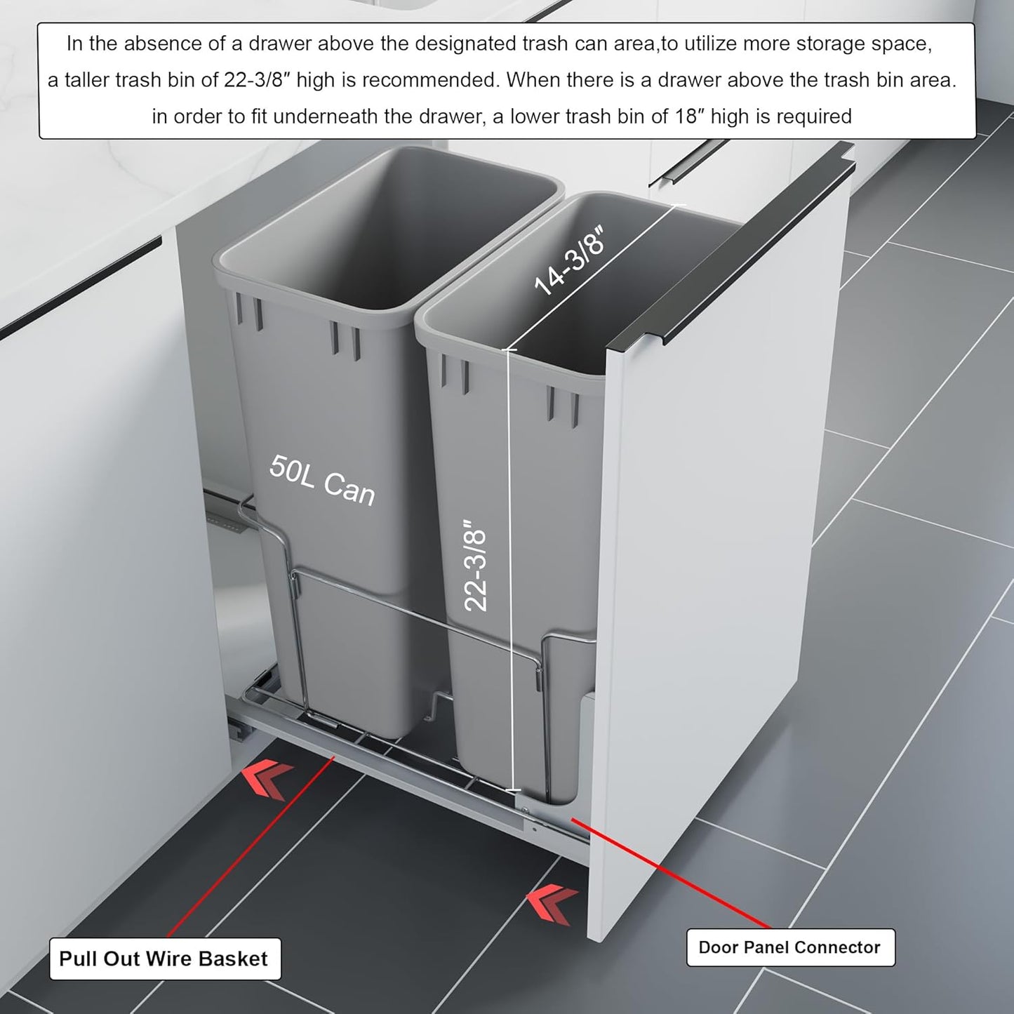 Dowell B18 Aluminum Base Wastebasket Pullout with Door Mount and Two 50Qt/13Gal Plastic Bins (4012 0218+50x2)