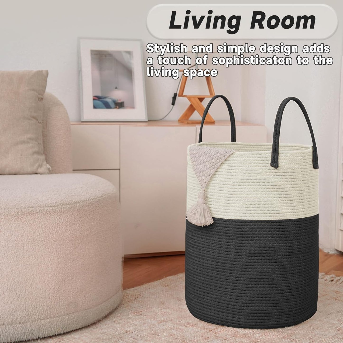 Large Woven Laundry Basket Hamper,100L Cotton Rope Storage Bin for Blankets,Toys and Clothes,Decorative Tall Nursery Hamper for Living Room,Baby Nursery,Bathroom and Bedroom,White and Black
