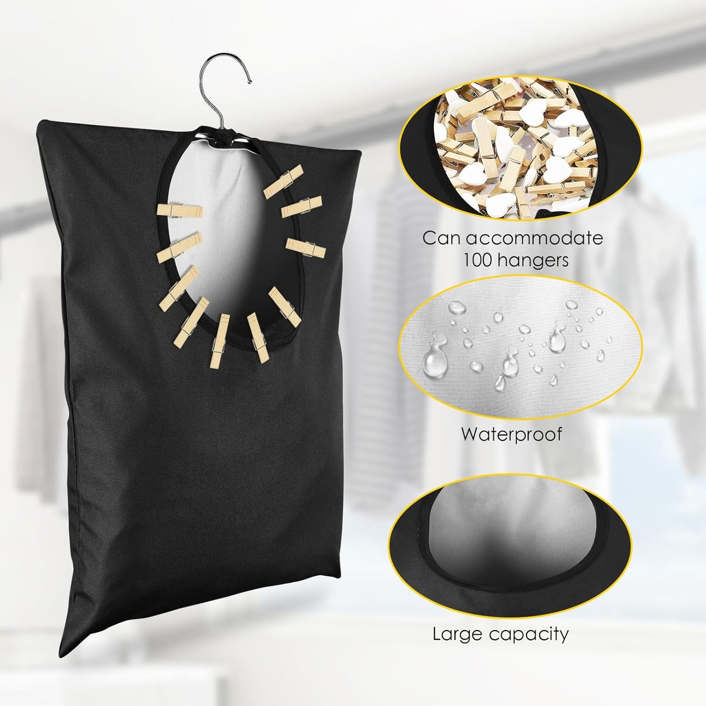 2 Pcs Clothes Pin Hanging Bag With Hook - 15 x 11 Inch Black Laundry Canvas Holder - Waterproof Storage Organizer for Clothespins