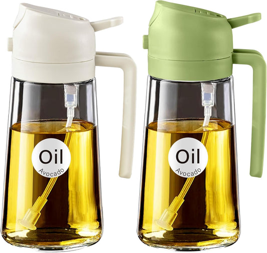 YARRAMATE 2Pcs 16oz/470ml 2 in 1 Oil Sprayer for Cooking with Stickers, Food-grade Glass Oil Spray Bottle, Oil Dispenser and Oil Sprayer for Kitchen, Salad, Frying, BBQ (White & Green)