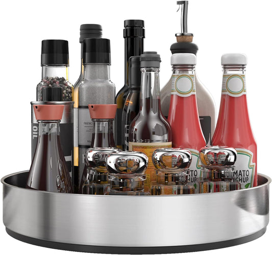 VAEHOLD Pantry Cabinet Lazy Susan Stainless Steel Black Spice Rack Turntable - Decorative Trays Storage Containers Organizer for Kitchen Cabinet, Snacks, Bathroom (10 inches)