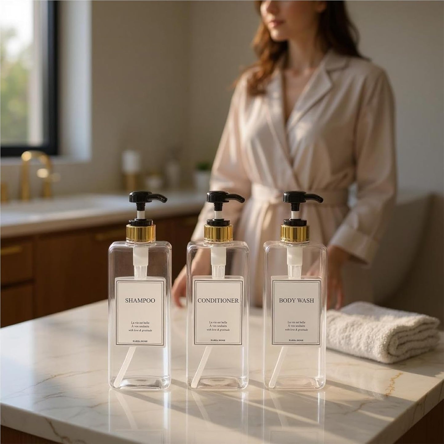 Modern Gold Design Large 27 oz Shampoo and Conditioner Dispensers - Empty Plastic Refillable Pump Bottle Set for Bathroom Shower Soap Dispenser, Set of 3 (Clear & Black)