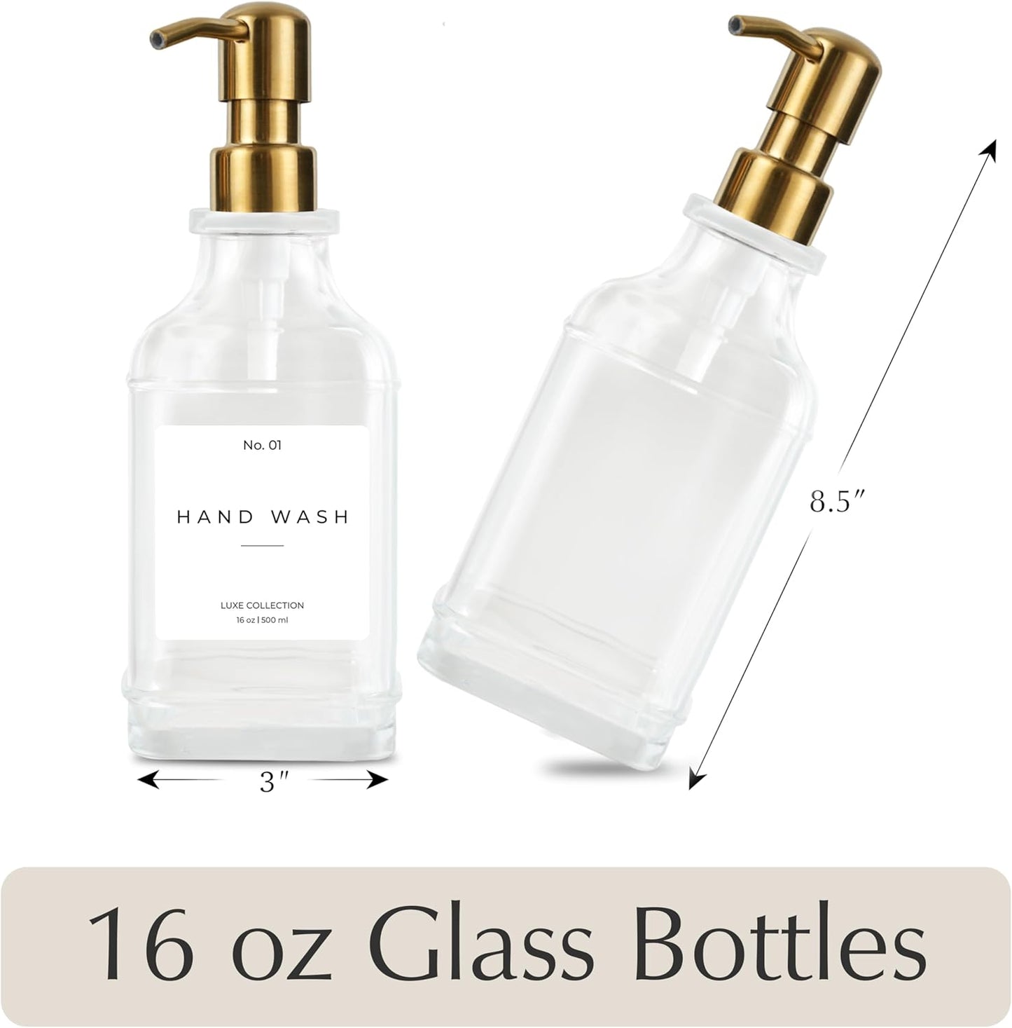 Emerson Essentials Soap Dispenser, Dish Soap Dispenser, Soap Dispenser Bathroom Set, Hand Soap Dispenser, Kitchen Soap Dispenser Set, Glass Soap Dispenser with Pump and Labels | 16 Oz, 2-Pack