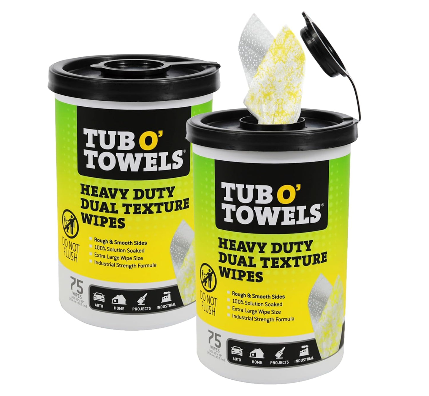 Tub O’ Towels TW75 Heavy-Duty 10" x 12" Size Multi-Surface Cleaning Wipes, Dual Texture, 75 Count Per Canister, 2 Pack