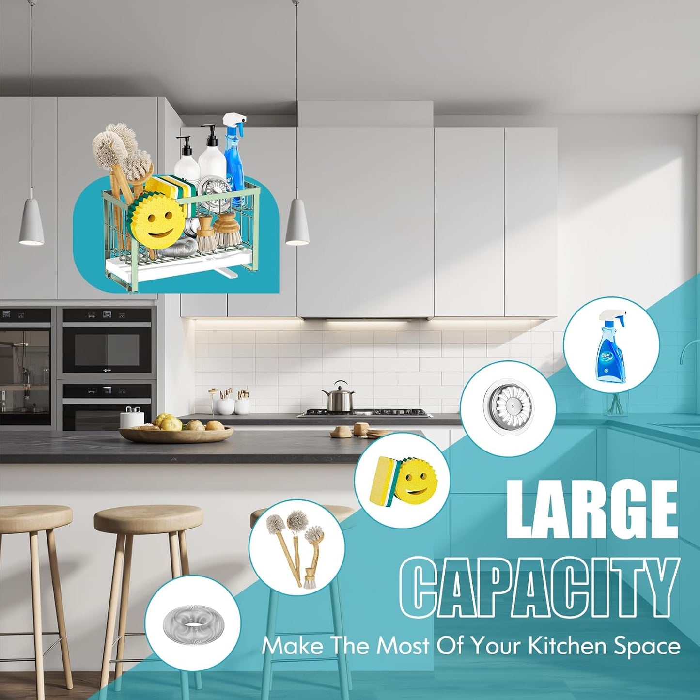 Sponge Holder for Kitchen Sink with Flexible Sink Caddy Smiley Face,2 Tier Kitchen Sponge Holder Countertop and Storage Essentials,Soap Dispenser Organize,Home Decor Accessories-Green