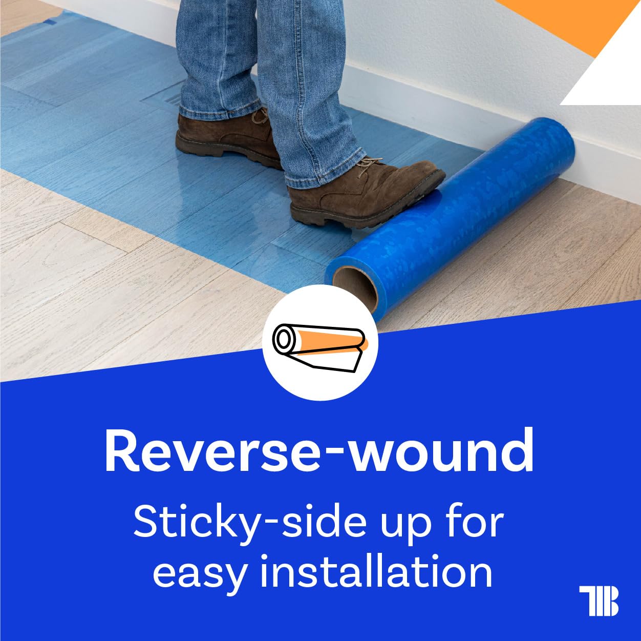 Floor Protection Film, 48" x 200', Made in USA, Blue Self Adhesive Floor Protector Tape for Moving, Painting and Construction, Temporary Covering to Shield Hardwood, Tile, Hard Surfaces