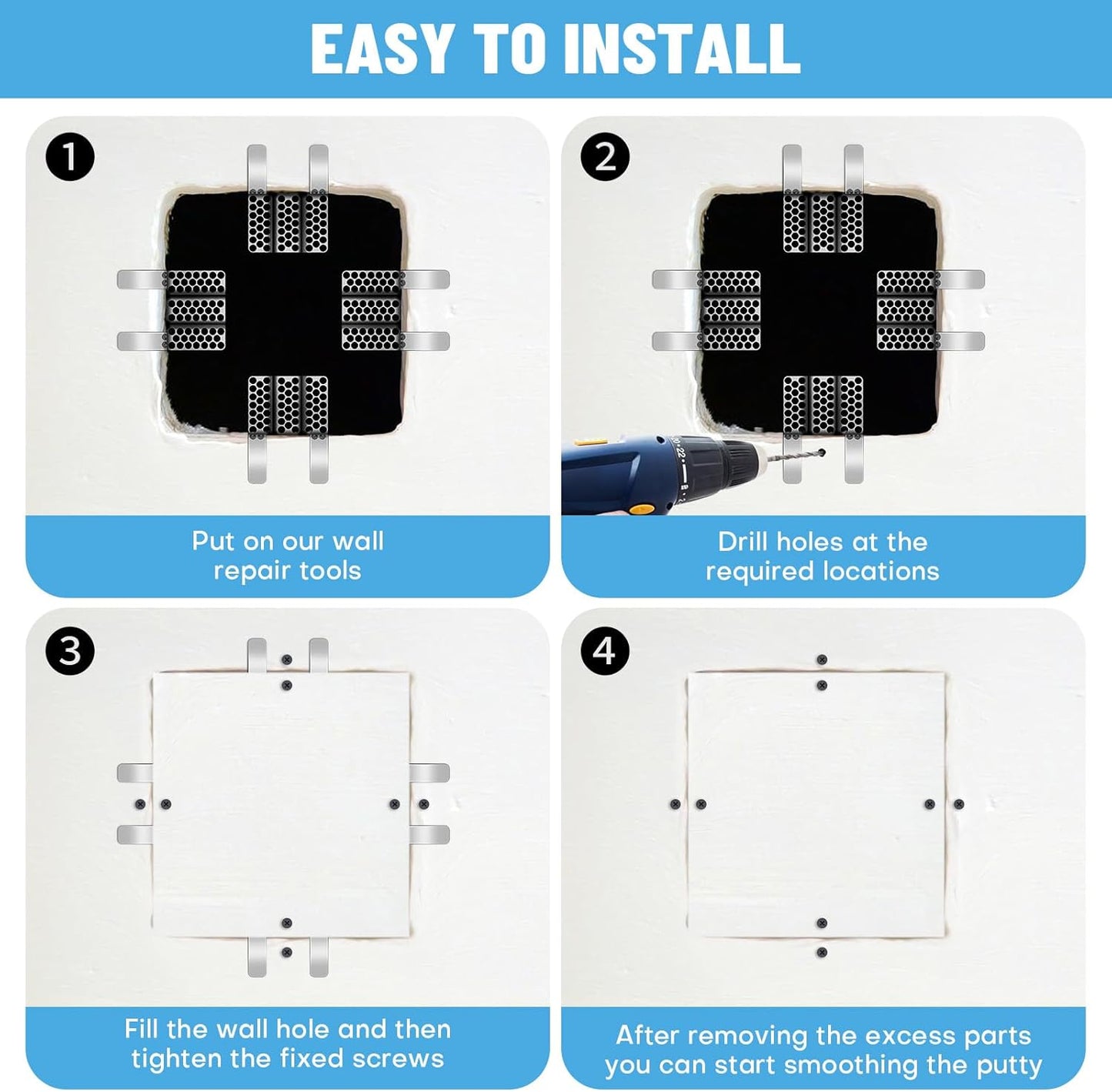 Drywall Repair Clips, 8 Pack Stainless Steel Wall Patch Kit with 16 Screws for 1/2 Inch Sheetrock, Professional Drywall Hole Repair Solution for DIY Home Repair