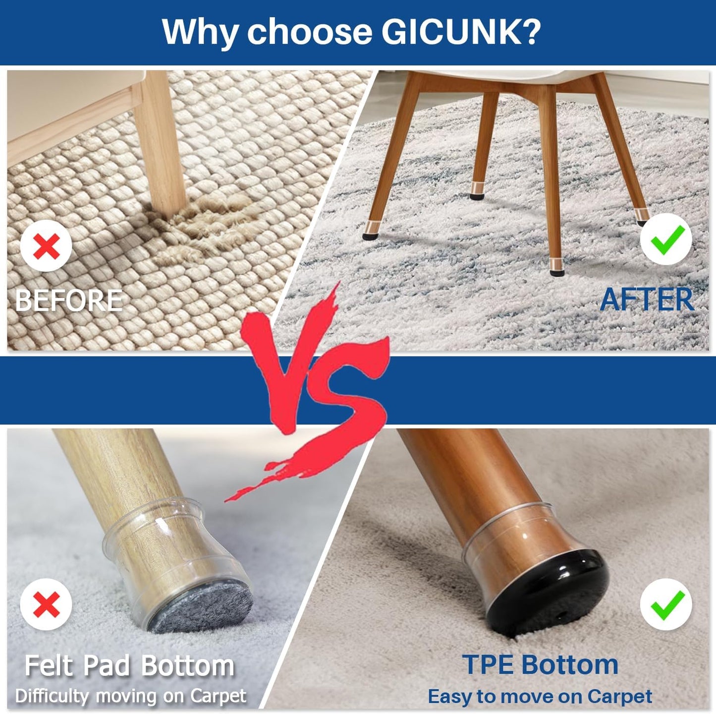 2024 New Chair Leg Floor Protectors for Hardwood Floors and Carpet GICUNK Silicone Covers to Protect Wood Tile Floors Chair Sliders Non Slip Reduce Noise 28 Pcs Clear Round S Fit:1/2"~13/16"
