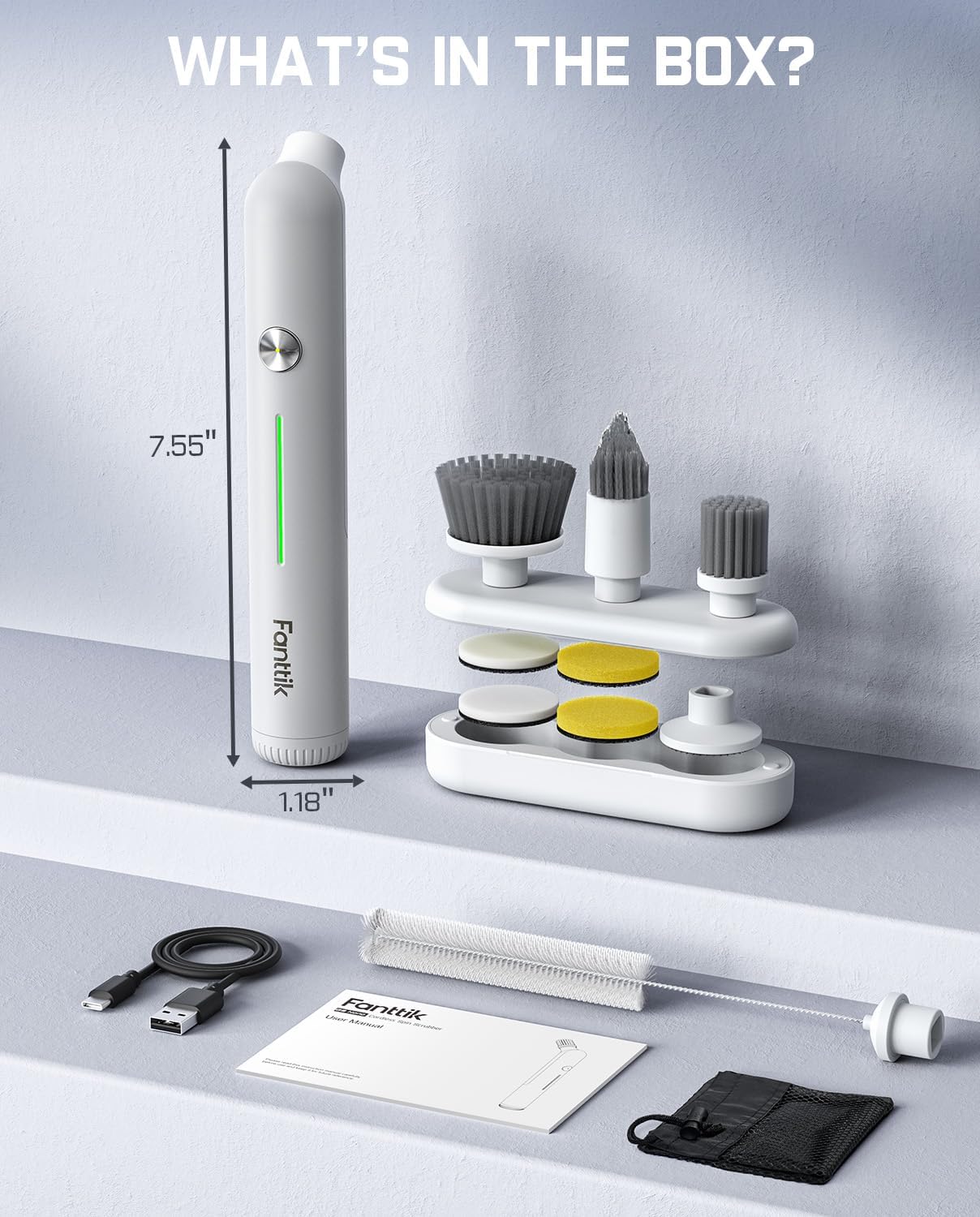 Fanttik G9 Nano Cordless Spin Scrubber with NeoPulse Motor, IPX7 Waterproof Grout Brush, 8 Replaceable Heads & LED Display for Cleaning Bathroom, Tile, Corners - White