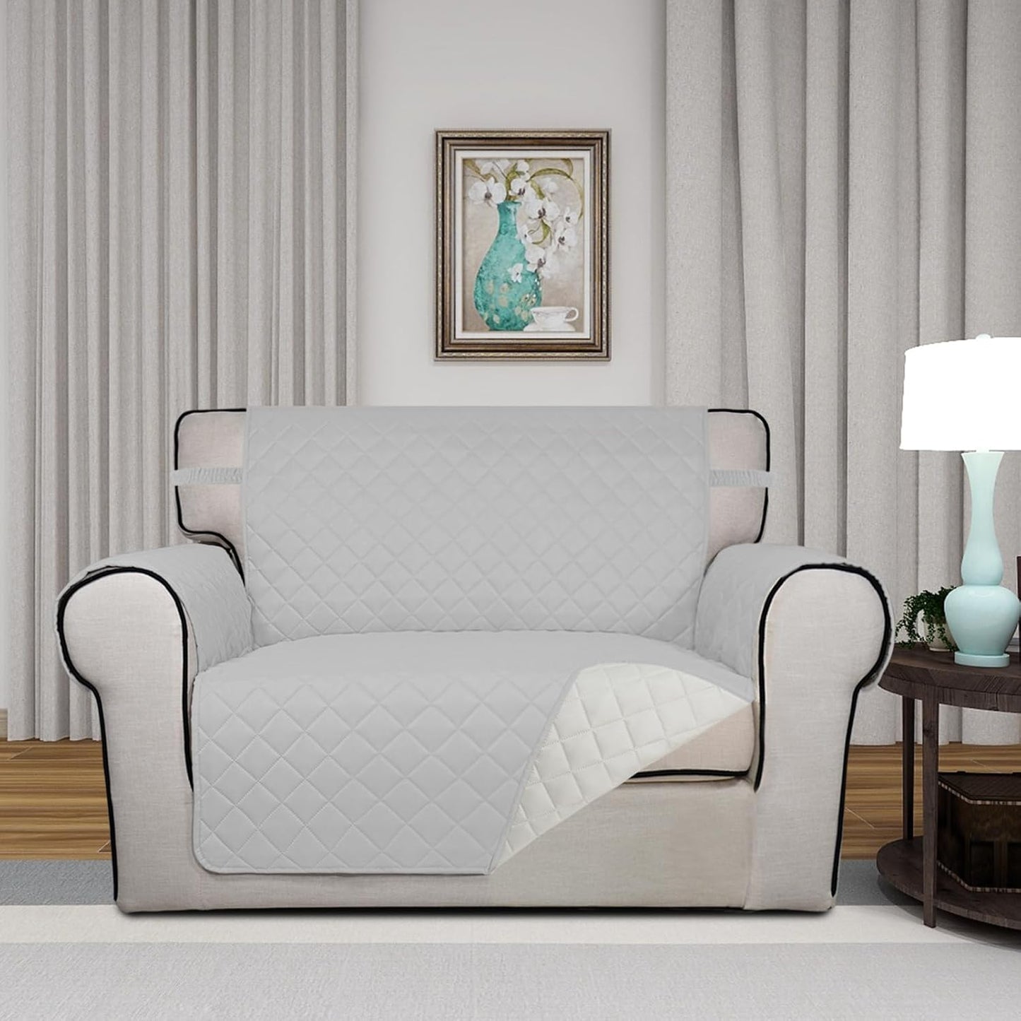PureFit Reversible Quilted Sofa Cover, Water Resistant Slipcover Furniture Protector, Washable Couch Cover with Non Slip and Elastic Straps for Kids, Dogs, Pets (Oversized Chair, Light Gray/Ivory)