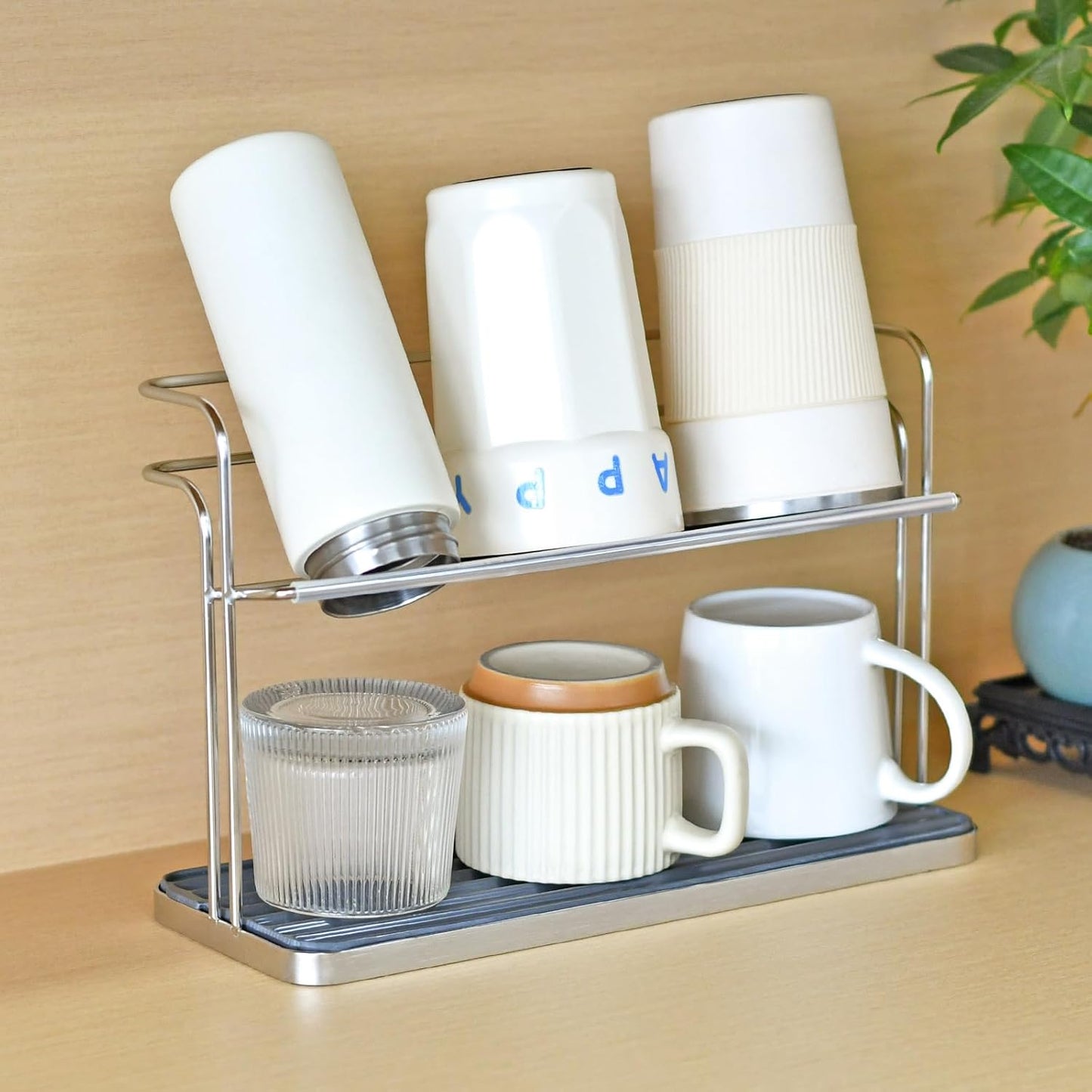 Bottle & Cup Drying Rack with Drain Tray (Stainless Steel Silver)