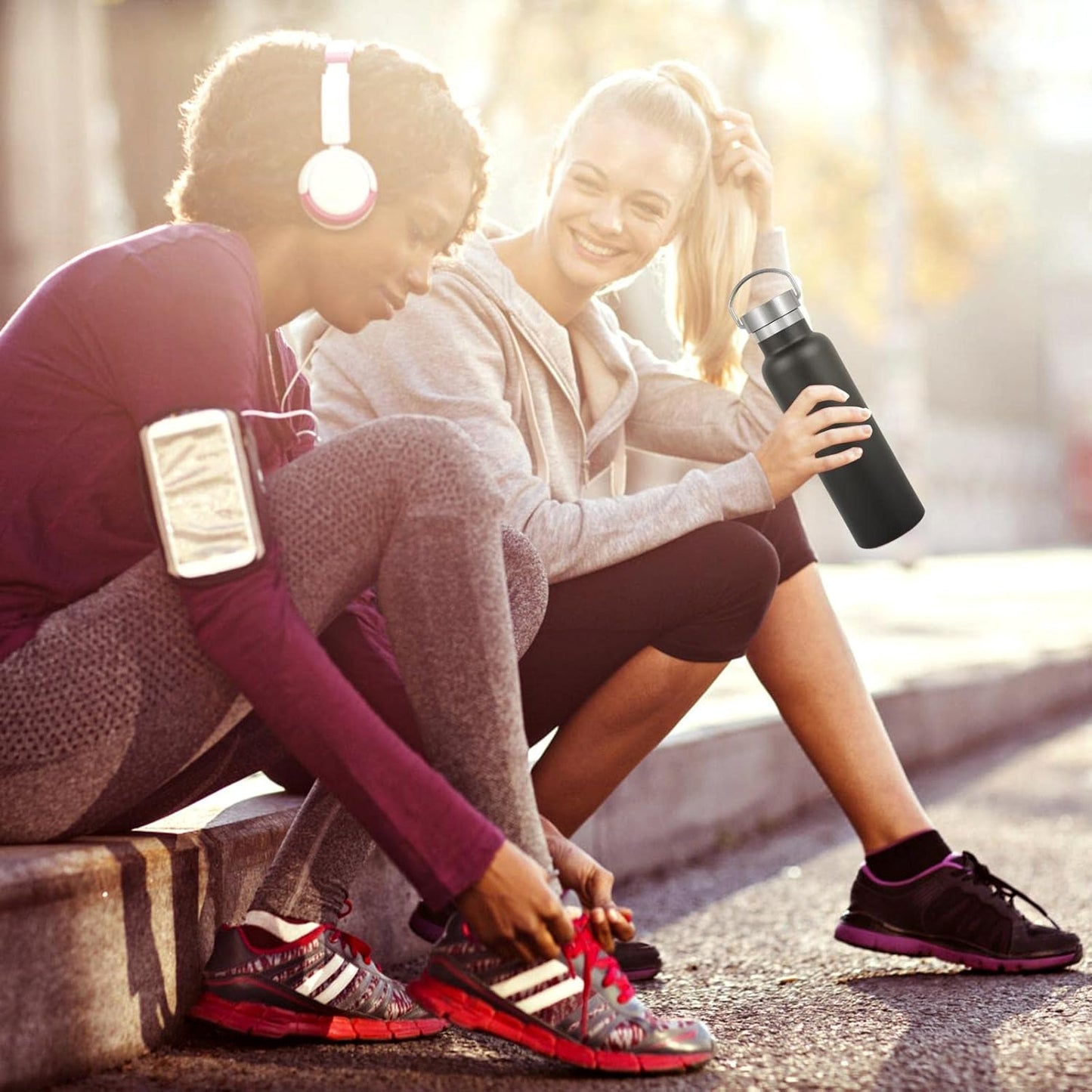 Neihepal 20 oz Insulated Water Bottles Bulk 4 Pack,Stainless Steel Double Wall Sport Bottle with Lid of Handle,Metal Reusable Thermoses Flask with Cup Cap for School,Hikers,Gift (Black,Set of 4)