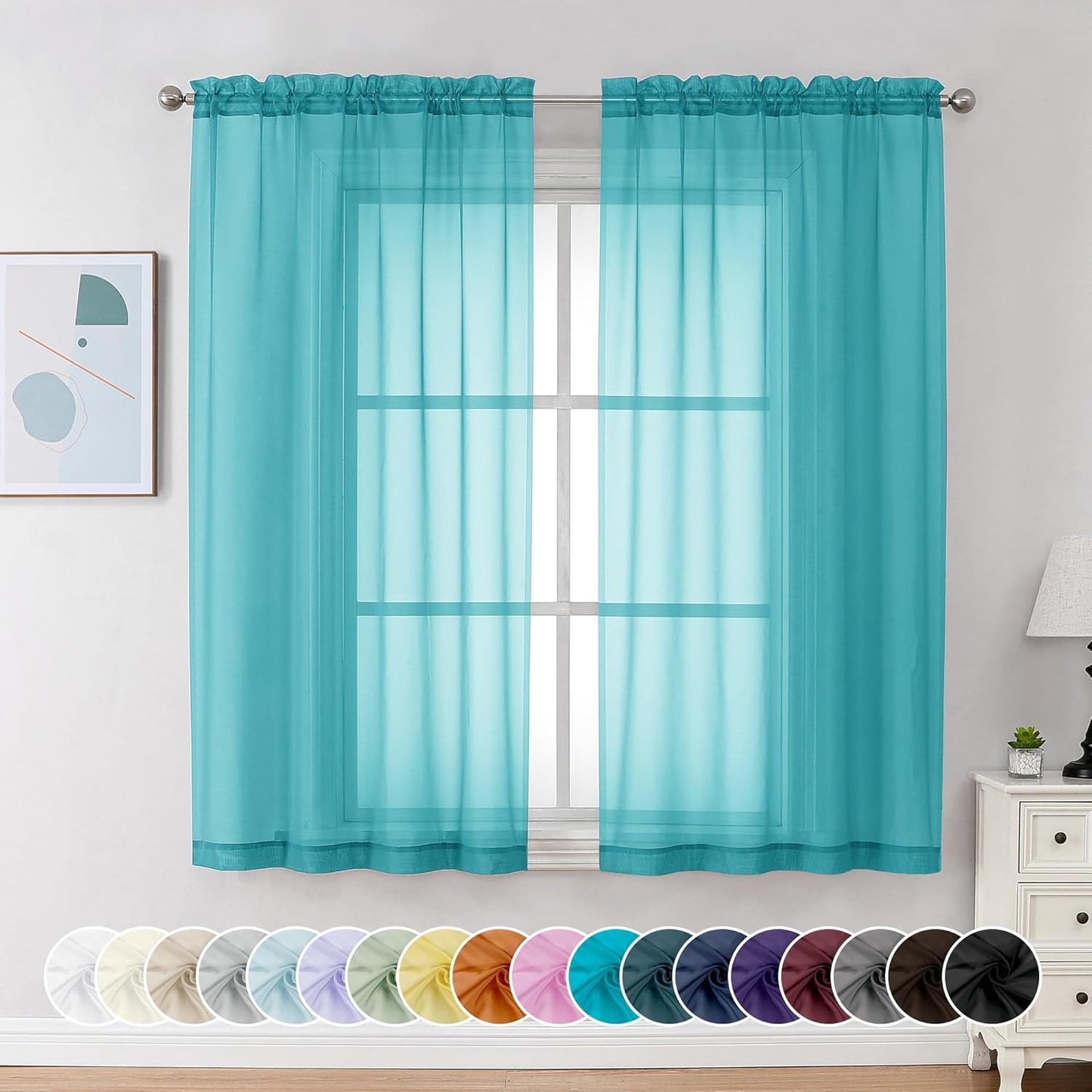 Chyhomenyc Turquoise Sheer Curtains 63 Inch Length 2 Panels, Light Filtering Airy Rod Pocket Window Curtain Treatment Drapes for Bedroom Living, Each 42Wx63L Inches