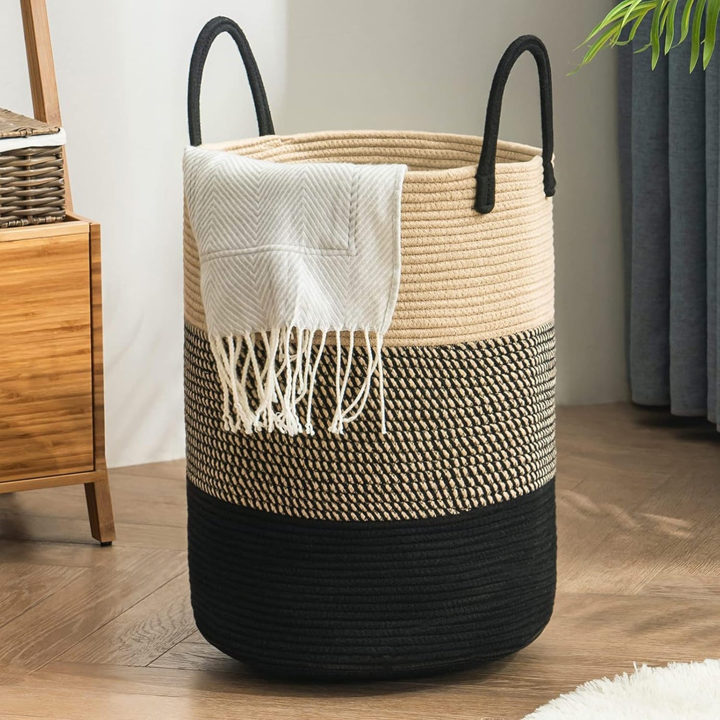 YOUDENOVA Woven Rope Laundry Hamper Basket, 100L Tall Laundry Basket, Baby Nursery Hamper for Blanket Storage, Clothes Hamper for Laundry in Bedroom-Extra Large-Black Brown