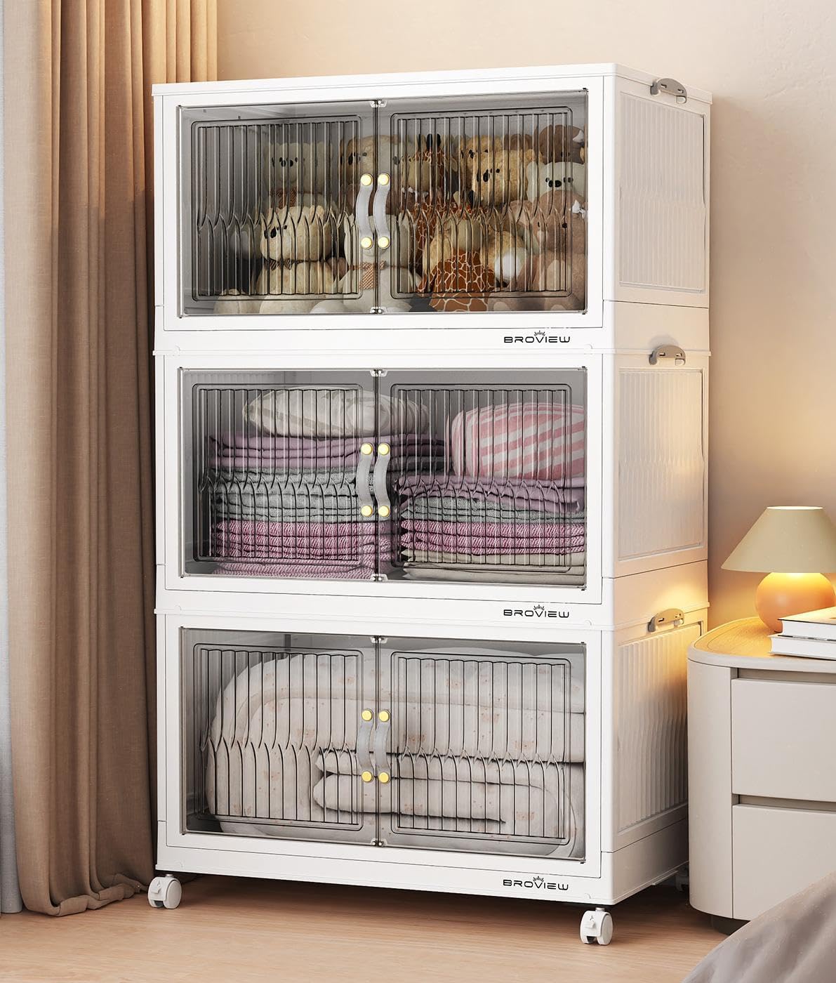 BROVIEW 240Qt Stackable Storage Bins with Lid, Extra Large Closet Organizer Collapsible Drawer Boxes with Wheels, Folding Plastic Cabinet Containers for Home Kitchen Room Organization, 3Pack White