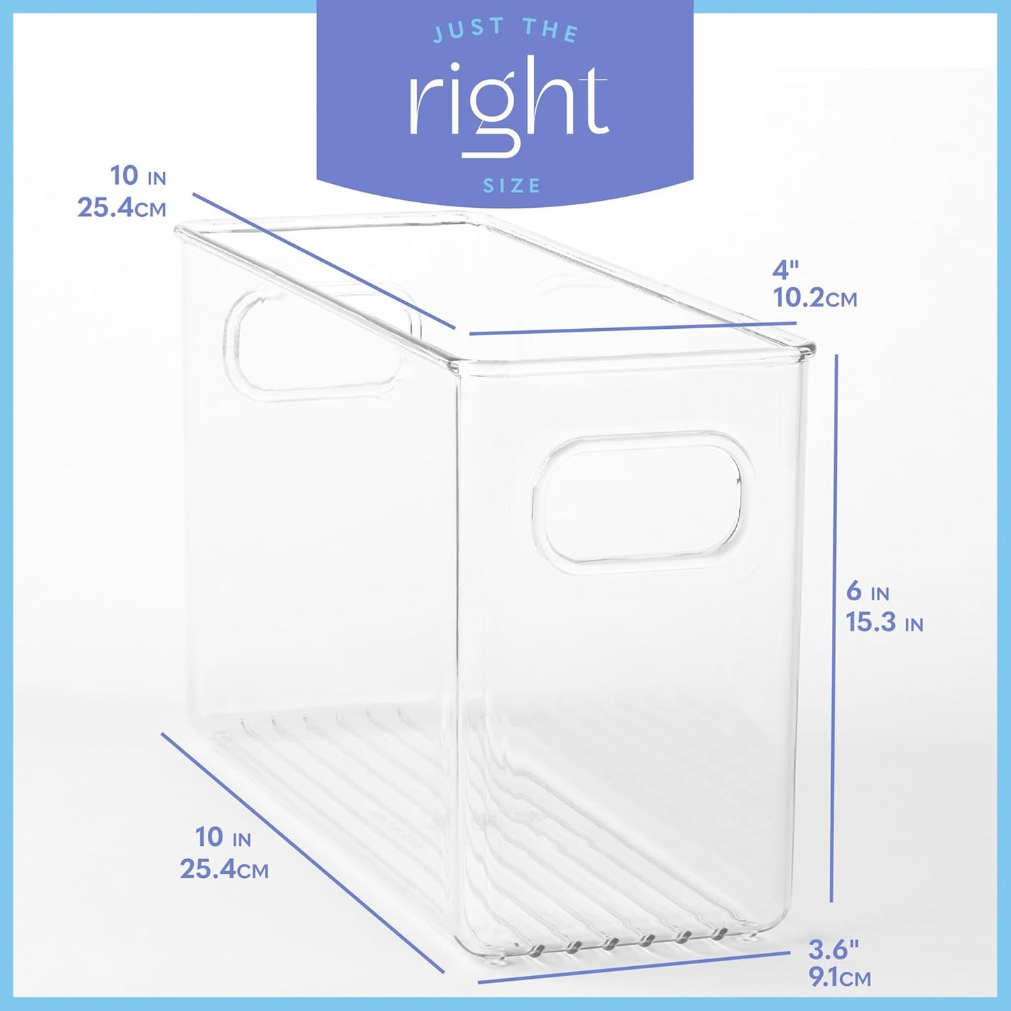 Plastic Food Storage 4 Pack Clear Container Bin with Handles for Organizing Kitchen, Pantry, Refrigerator, Freezer, Pantry, Cabinet, Closet, Bathroom. 10”x4”x6”