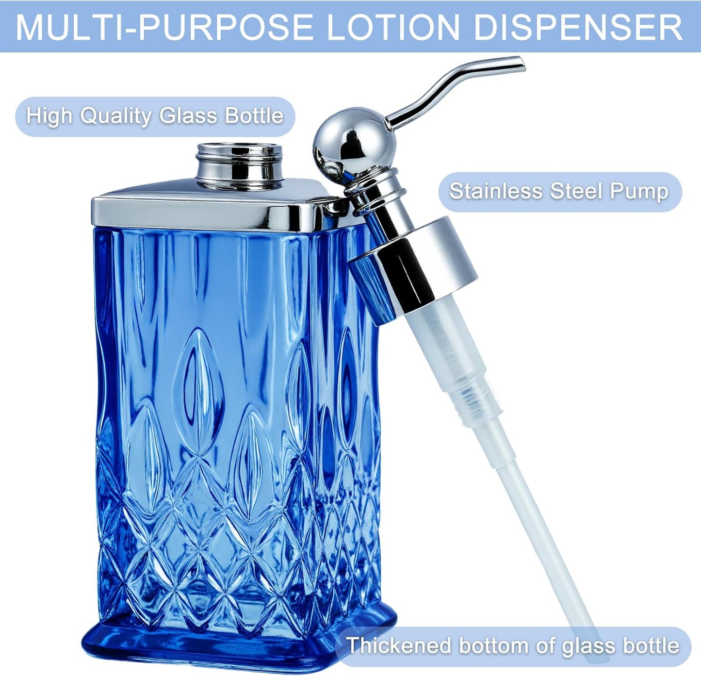 10Oz Diamond Grid Pattern Blue Glass Soap Dispenser with Rust Proof Stainless Steel Pump,Refillable Hand Soap Dispenser for Bathroom & Kitchen Hand Soap,Lotion,Body Wash(Square)