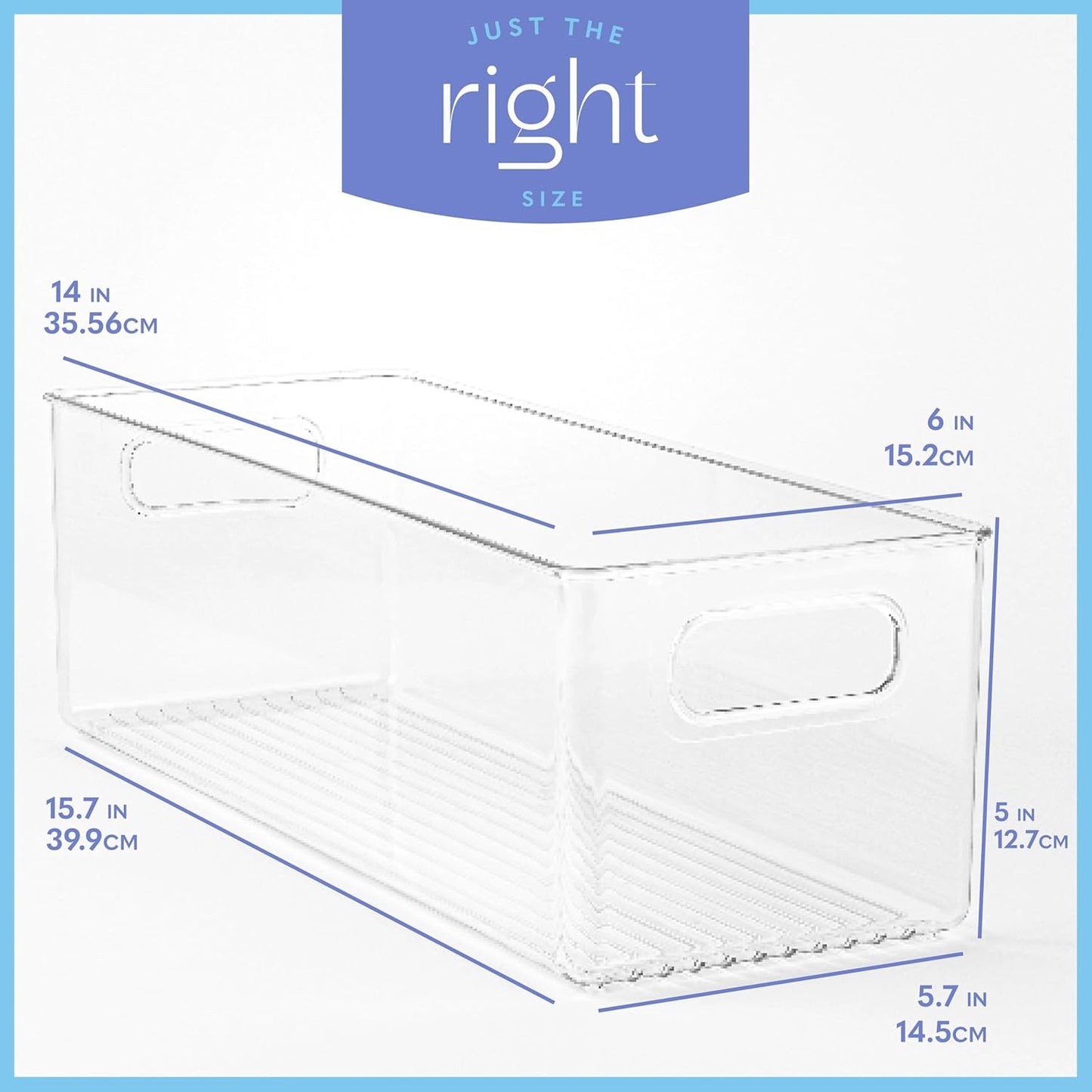 Plastic Food Storage 6 Pack Clear Container Bin with Handles for Organizing Kitchen, Pantry, Fridge, Freezer, Pantry, Bathroom. 14"x6"5"