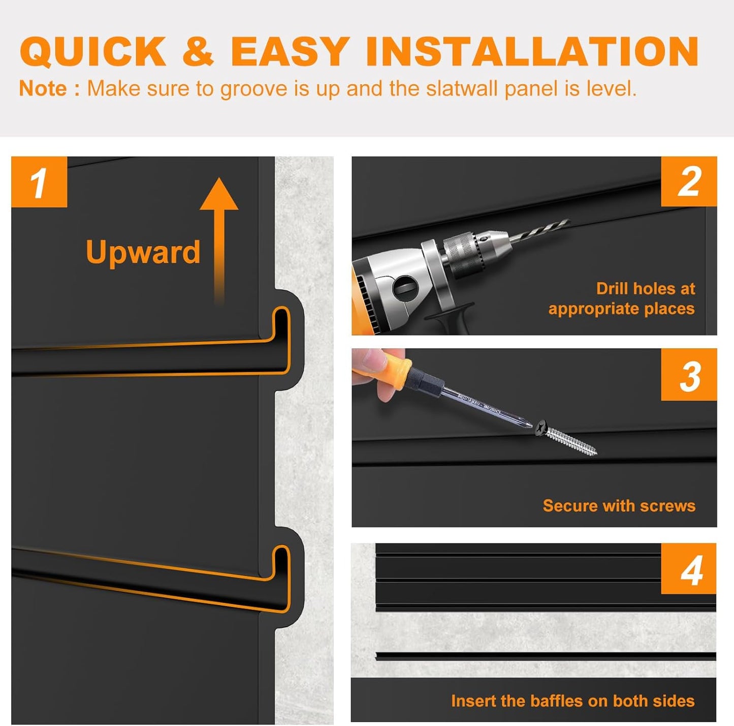 DoCred Slatwall Paneling Organizer, 4x4 FT PVC Garage Slat Wall Storage Systems, Heavy Duty Mounted Slat Peg Board for Tool Organization Ladder Bike Includes 20 PCS Hooks Accessories Kit (Black)