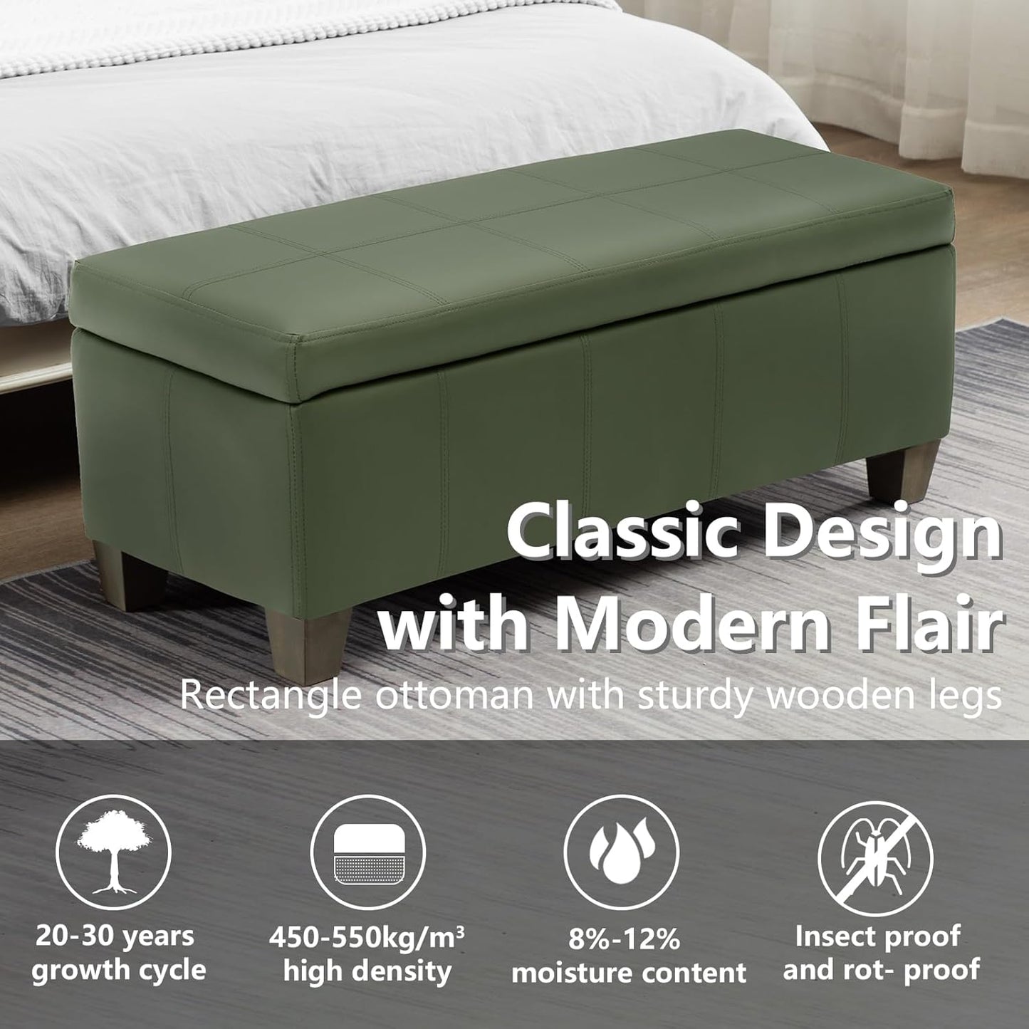 Teal Faux Leather Ottoman with Storage, Rectangular Extra Long Storage Bench for Bedroom and Living Room