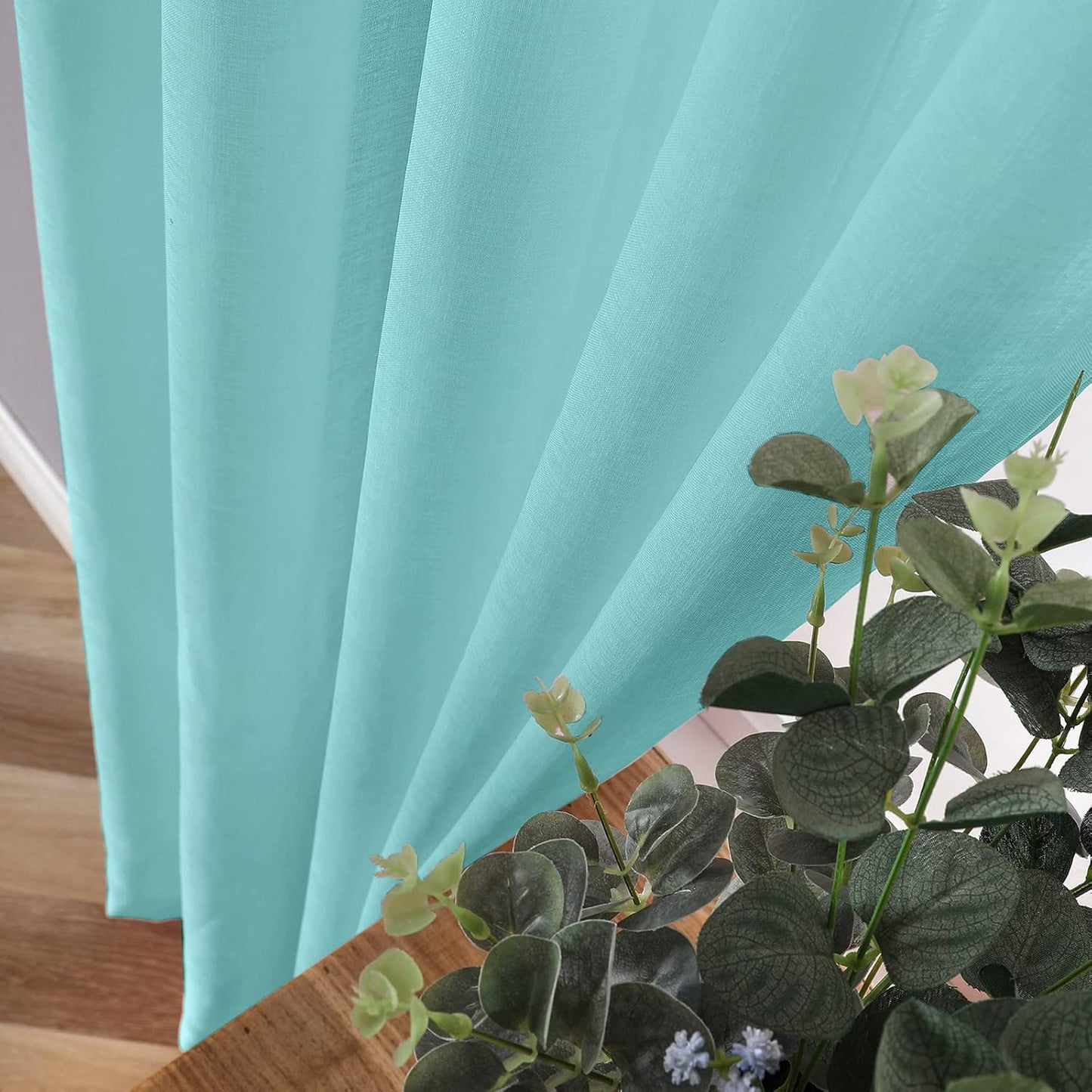 Tollpiz Sheer Curtains Linen Textured Living Room Curtain Sheers Light Filtering Rod Pocket Voile Curtains for Bedroom, 42 x 63 inches Long, Crystal Blue, Set of 2 Panels