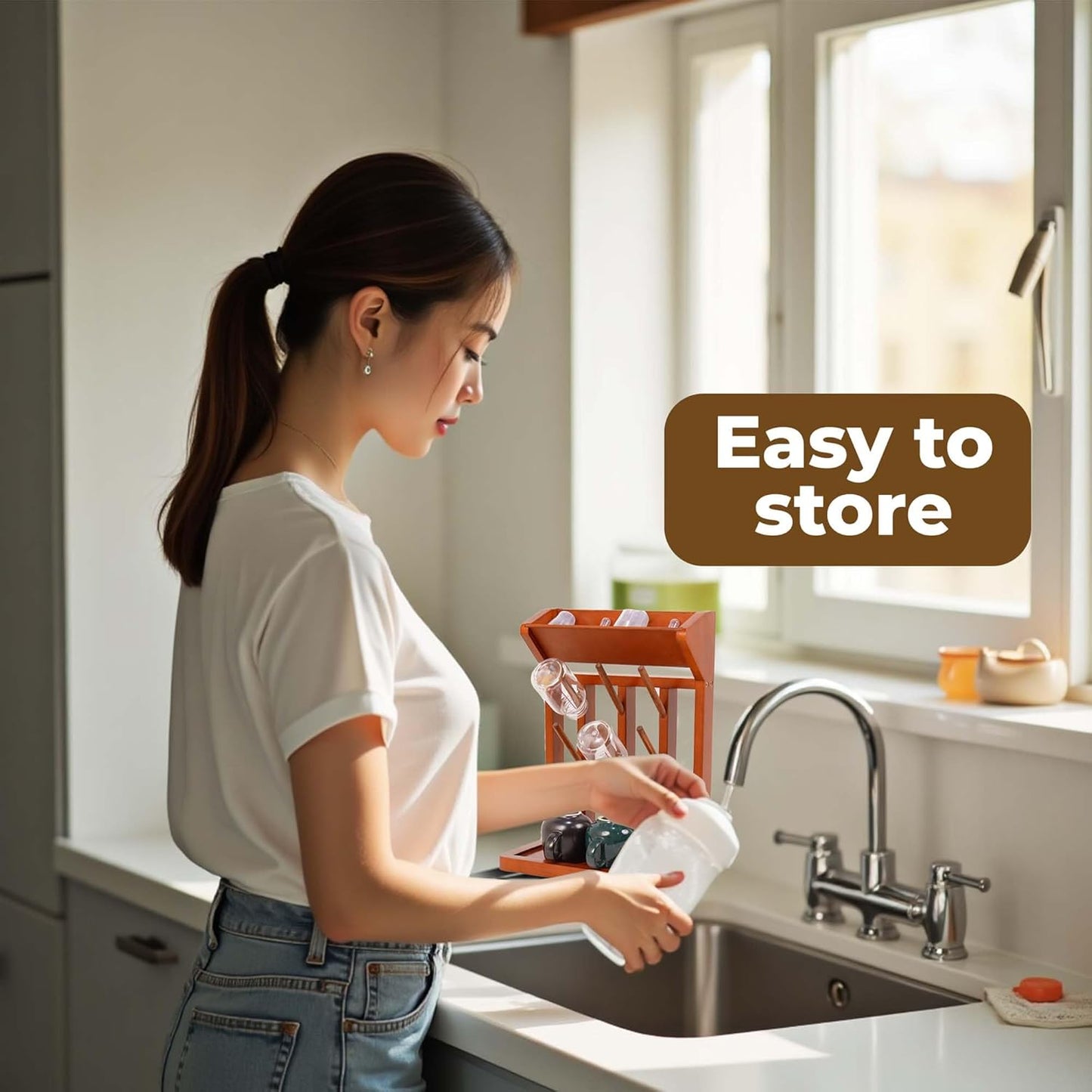 Brown Vertical Bottle Drying Rack Rubber Wood 9 Hooks, Use for Bottles, Cups, Mugs, Glasswine, Space Saving Storage Shelf Bottle Holder Dryer Kitchen