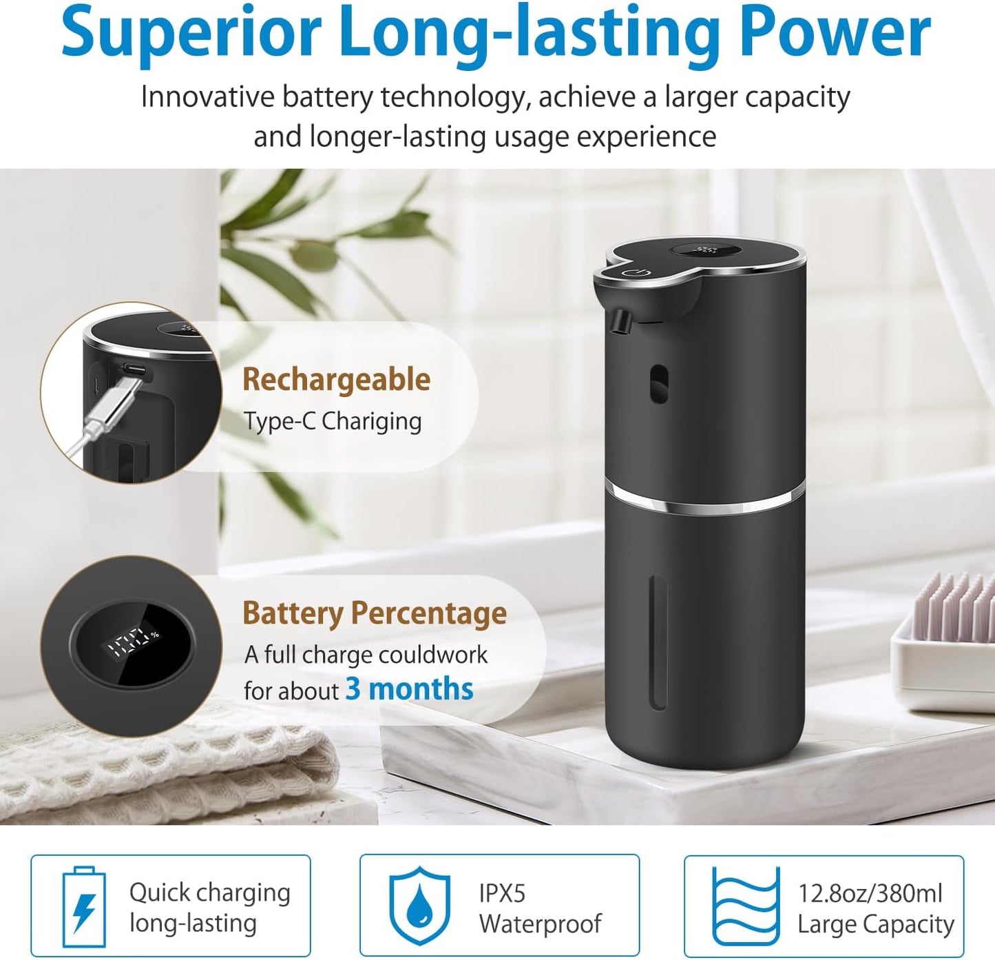 Automatic Liquid Soap Dispenser 12.8oz, Rechargeable & 6 Levels Soap Adjustable with Digital Display, Wall Mount, Waterproof, Touchless Hand/Dish Soap Dispenser for Kitchen, Bathroom, Hotel