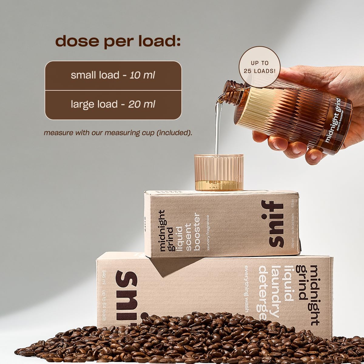 Snif Midnight Grind Scent Booster, Bold, Rich Espresso Scent, 25 Loads, Non-Irritating to Skin, Clean, Non-Toxic, Vegan, Cruelty Free, 8.5oz