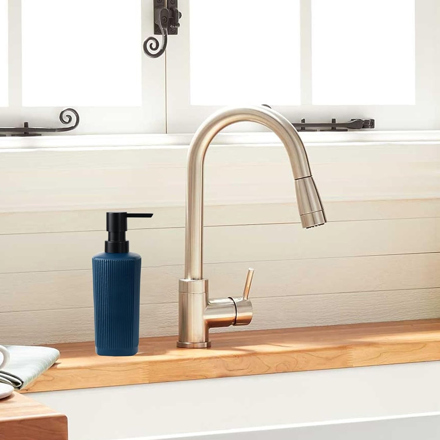 12 oz Glass Soap Dispenser with Vertical Stripe with Black Plastic Rustproof Pump, Small Refillable Soap Dispenser for Kitchen and Bathroom (Dark Blue)