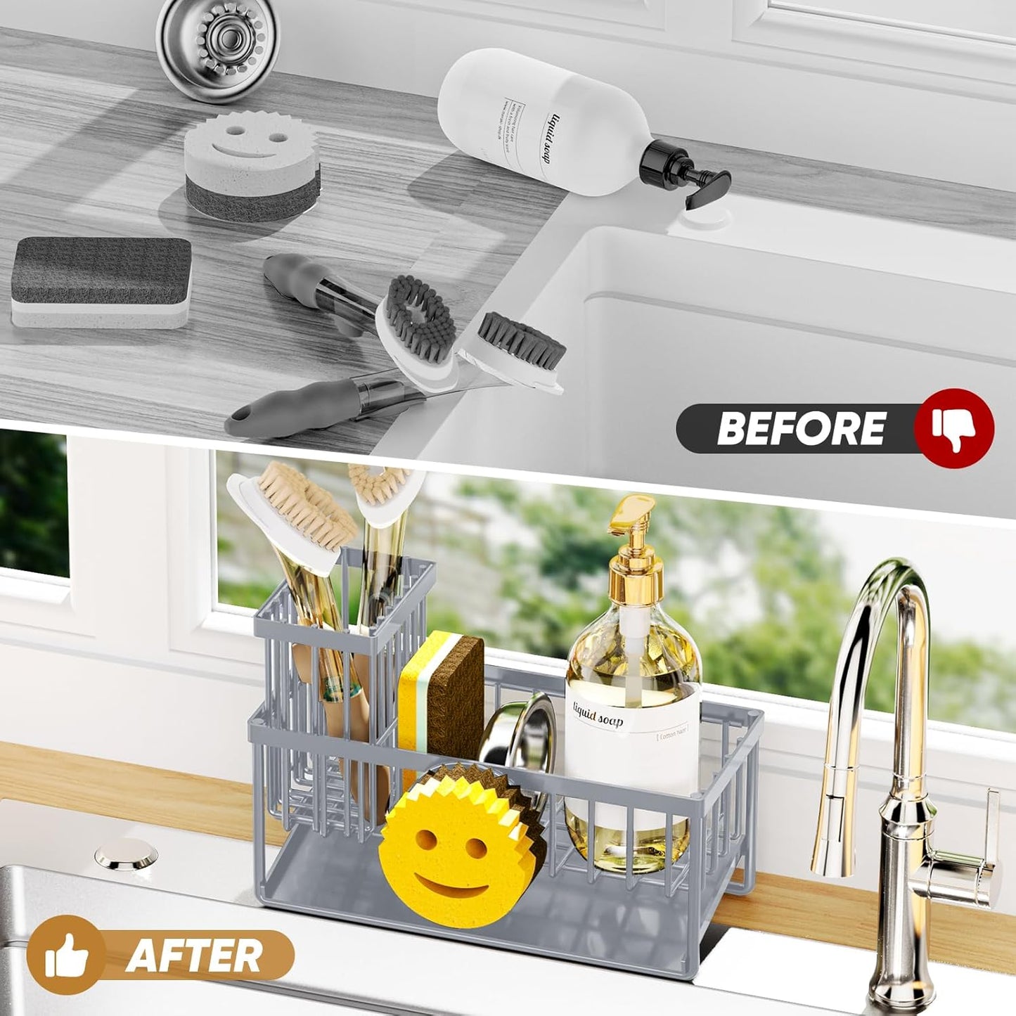 Sponge Holder for Kitchen Sink,Smiley Face Sink Caddy with Removable Brush Holder,Self-Draining Sponge Caddy for Soap,Dish Brush,Scrubber,Kitchen Essentials and Gadgets-Gray