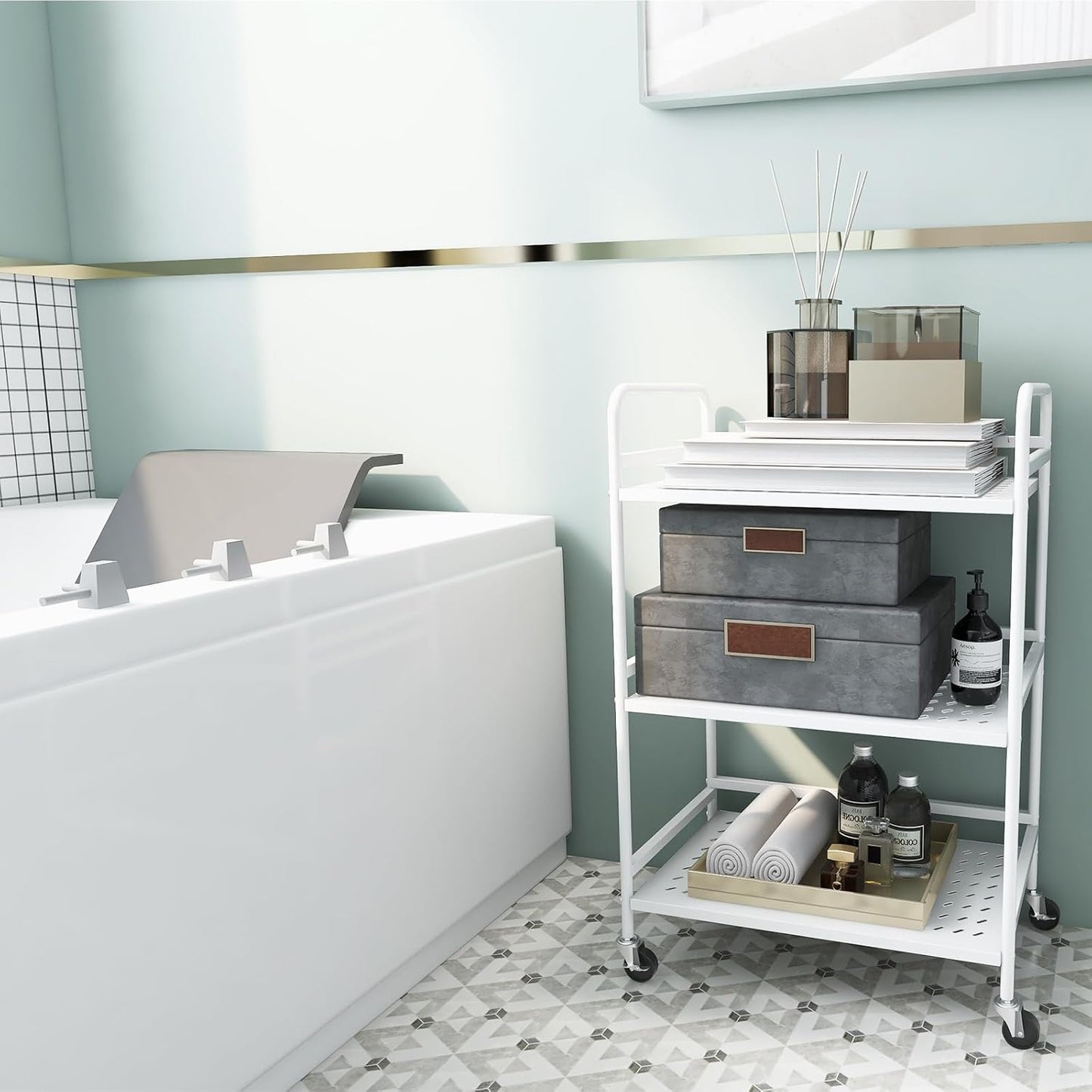 HDANI 3 Tier Rolling Cart,Heavy Duty Multifunctional Metal Frame-Supports 22 Lbs Per Tier,Rolling Cart with 2 Lockable Wheels for Office,Home,Bedroom,Kitchen,Bathroom (White)…