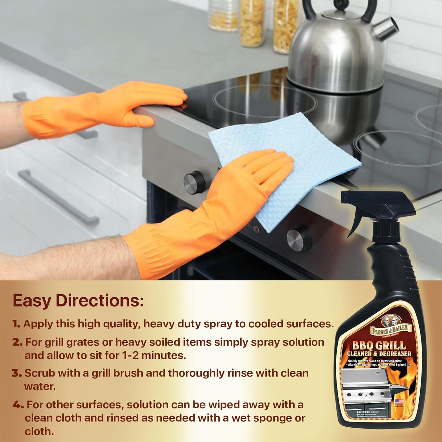 Parker & Bailey Grill Cleaner and Degreaser - BBQ Grill Cleaner Degreaser Cleaner Heavy Duty Countertop Cleaner Stainless Steel Cleaner Glazed Tile Cleaner Cleaning Supplies for Grease and Grime