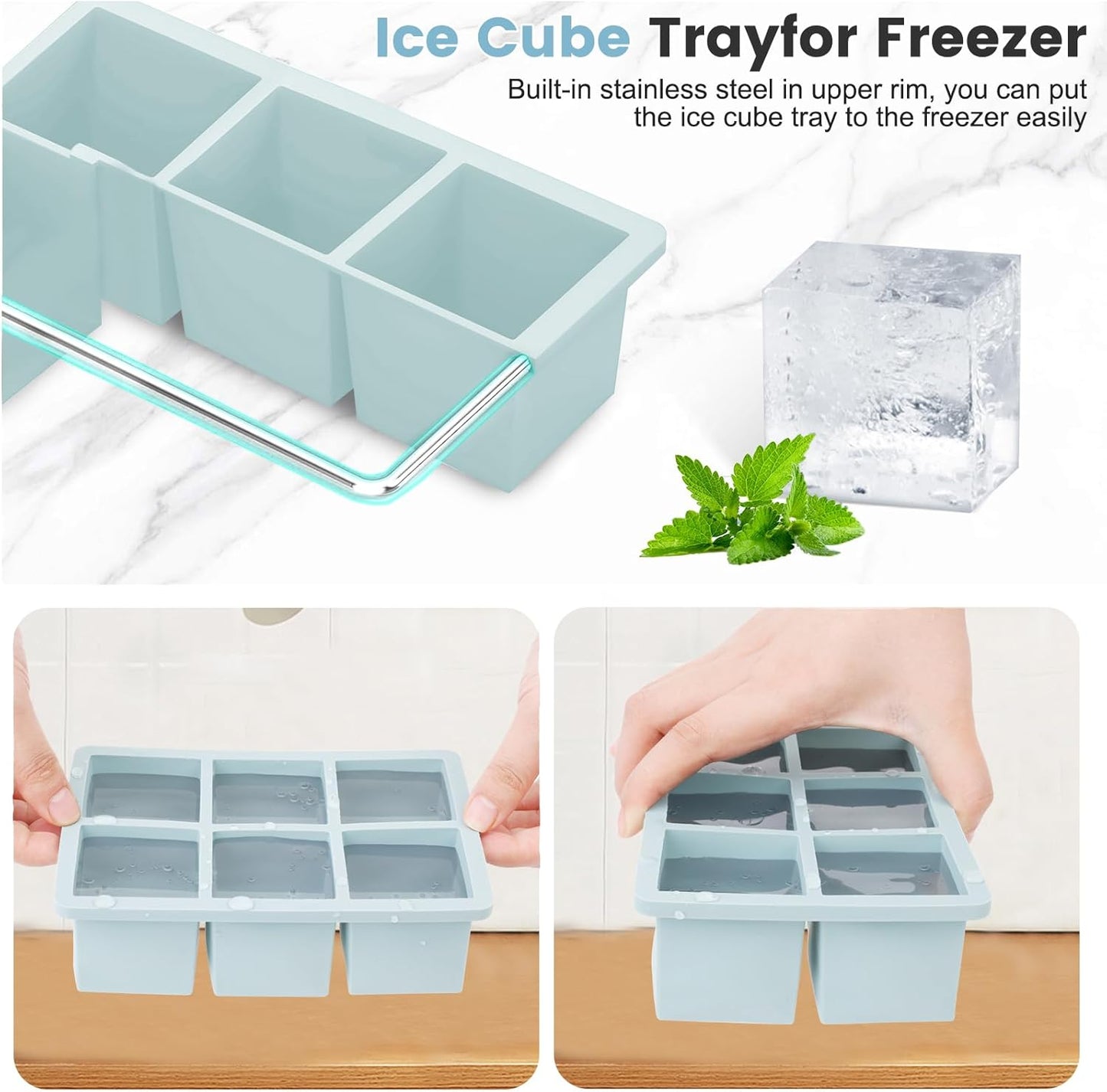 Large Silicone Ice Cube Tray 3Pack, SAWNZC Big Square Ice Cube Molds for Whisky Cocktail, Ice Maker Tray with Lid for Freezer, Easy Release (3, Blue)